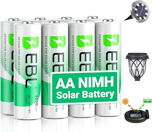 EBL Baterías recargables AA, 1.2 V 1100 mAh de alta capacidad AA para luces solares de jardín (paquete de 8)