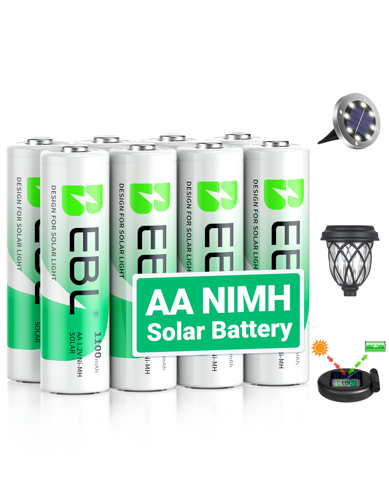 AA Rechargeable Batteries, 1.2V 1100mAh High Capacity AA Battery for Solar Garden Lights (Pack of 8)