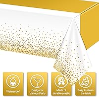 Vista 3 de 3 piezas de mantel blanco y dorado para decoración de fiesta, mantel de plástico blanco con diseño dorado impreso, desechable, rectangular