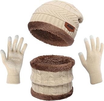 MAYLISACC Winter Knit Beanie Hat Neck Warmer Scarf and Touch Screen Gloves Set 3 Pcs Fleece Lined Skull Cap for Men Women