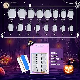 French Tip Press On Nails - Gothic Square,Black Halloween Press On Nails, Acrylic Square Short Halloween Nails with Nail Glue, Fit Perfectly & Natural Stick On Nails in 16 Sizes - 32 PCS Soft Gel Kit