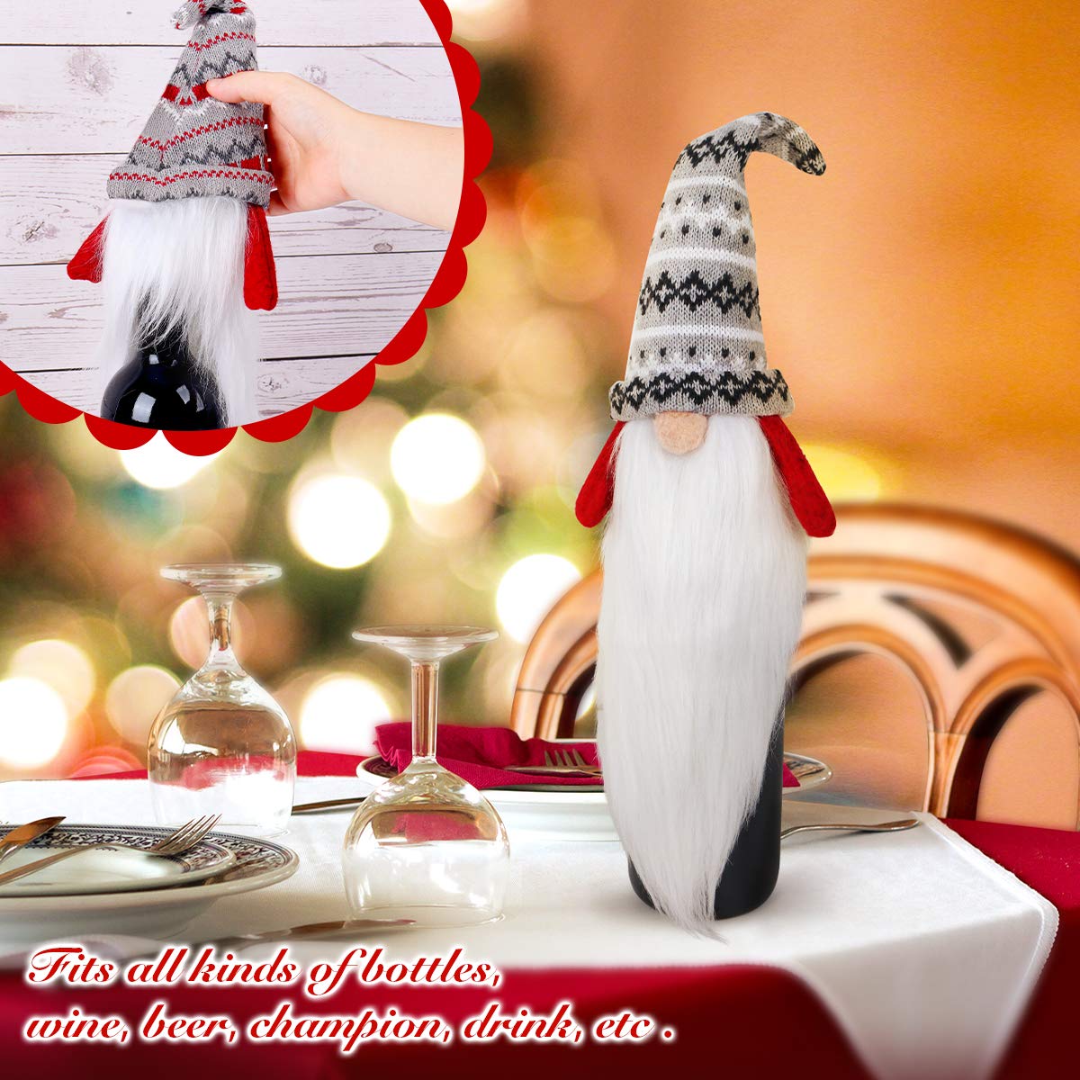Fundas para botellas de vino de gnomo de Navidad, paquete de 4 unidades, hechas a mano, gnomos suecos, decoración de Navidad, decoración de mesa de comedor de Año Nuevo, regalo de fiesta 5