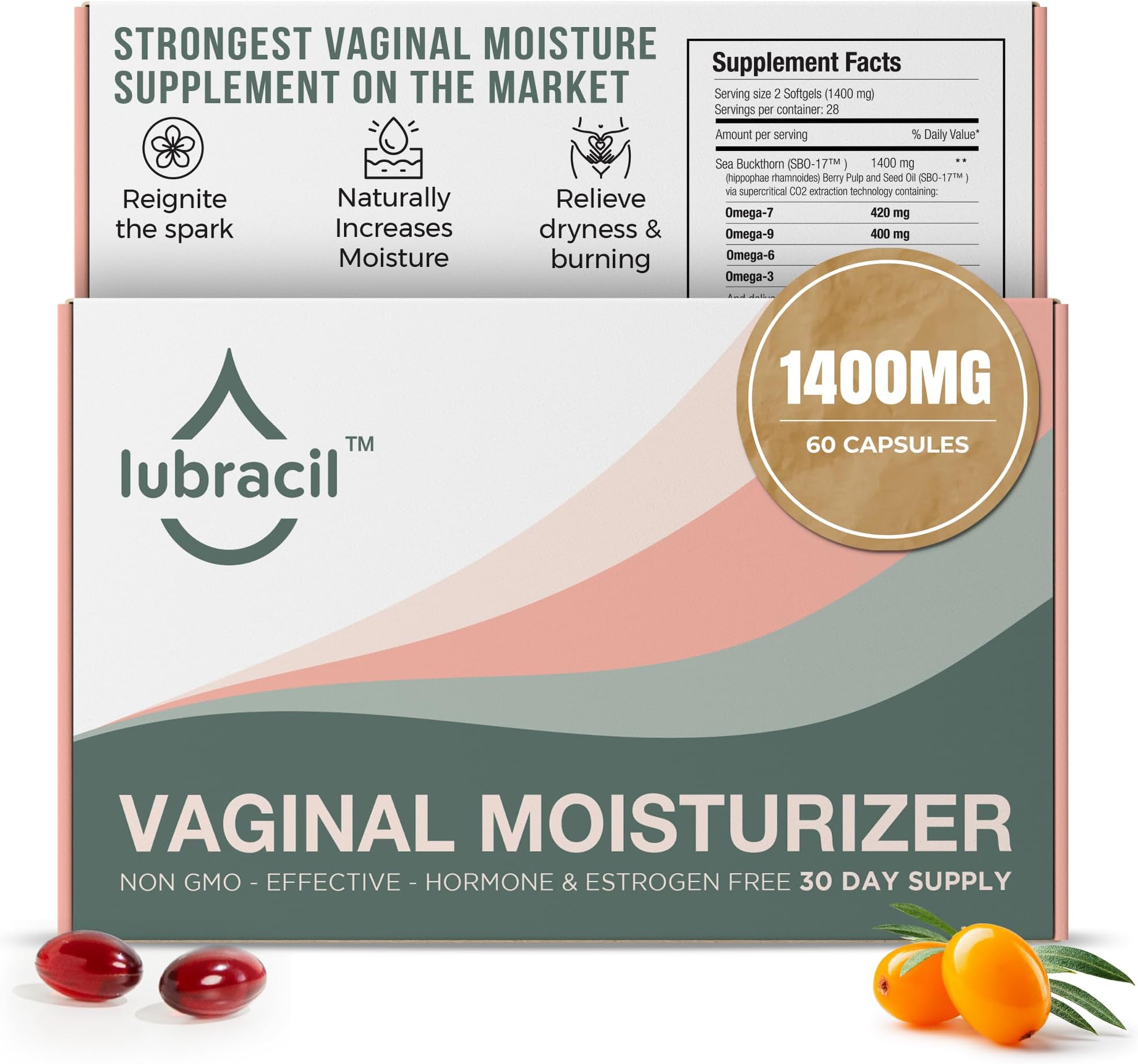 Vaginal Moisturizer Pills for Dryness and Moisture – Sea Buckthorn Oil, Omegas 6, 7, & 9, Vitamins A & E – Nourishes Vaginal Wetness & Hydration for All Women – 60 Wet Pills, 1 Pack