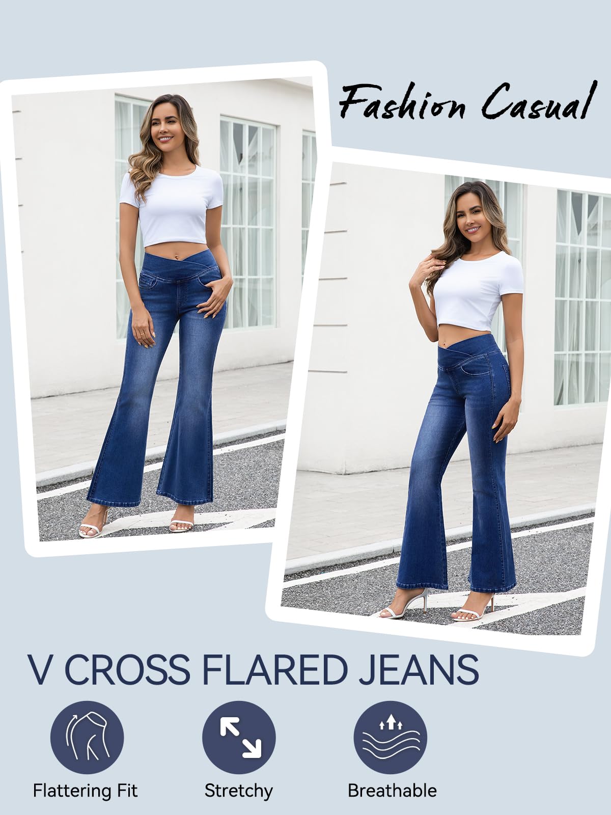 VX VONXURY Flare Jeans Femme Bootcut Élastique Pantalon Taille Haute Effet AmincissantStyle Patte d'Éléphant V-Waist sans Boutons