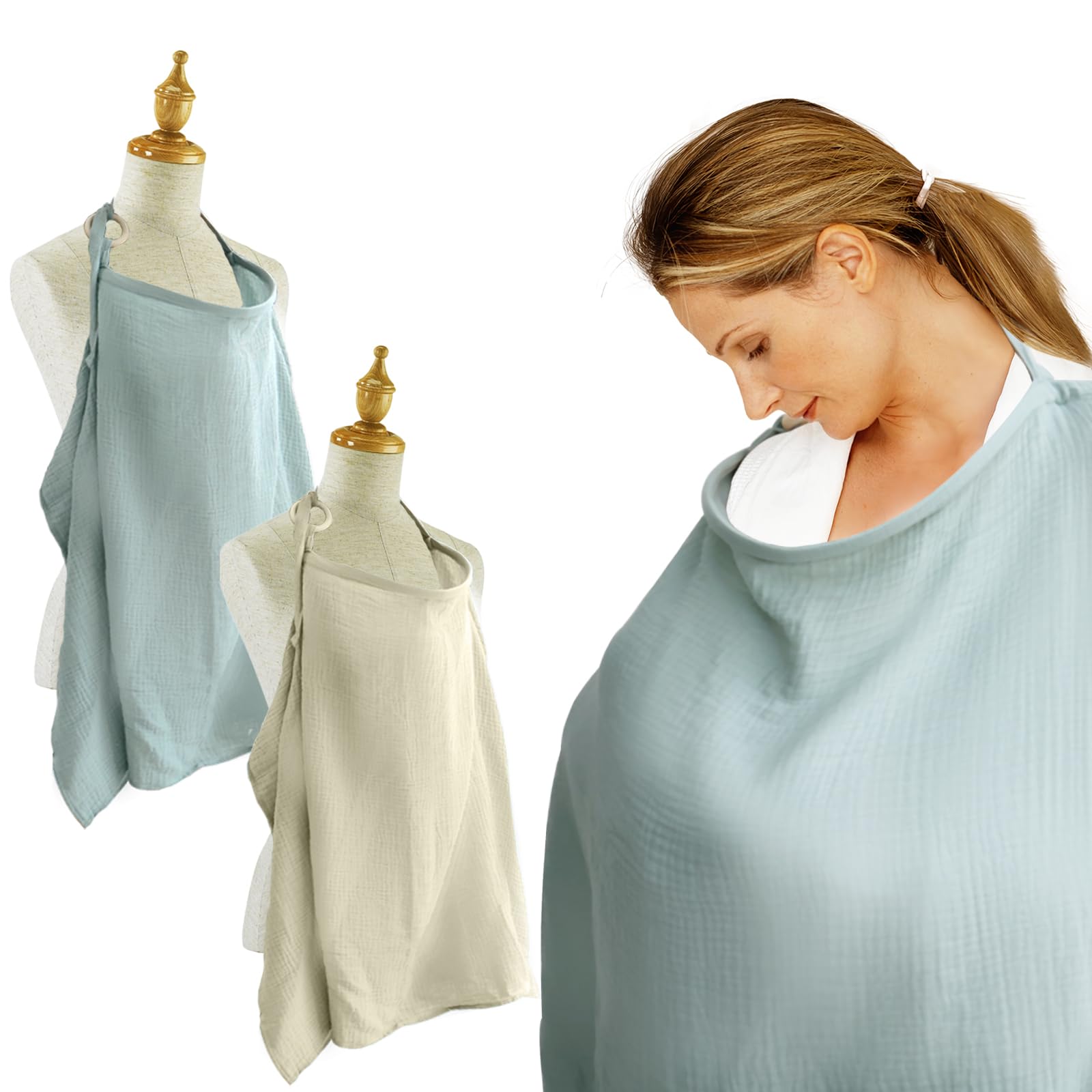 Photo 1 of 2PCS Muslin Nursing Cover for Baby Breastfeeding, Privacy Feeding Cover for Mom Breathable, Soft Cotton Nursing Apron with Hard Hoop Green