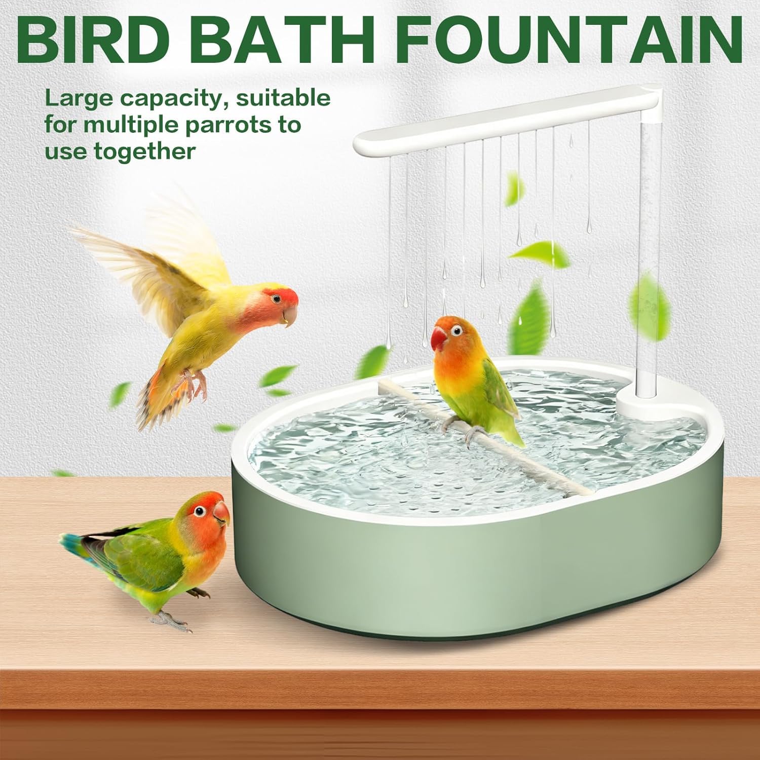 Vogeldusche Wellensittiche, Automatische Vogelbad mit USB Pumpe, Leise Vogel Dusche mit Wasserfall, Vogelbadewanne für Sittiche, Nymphensittiche und kleine Papageien, Grün