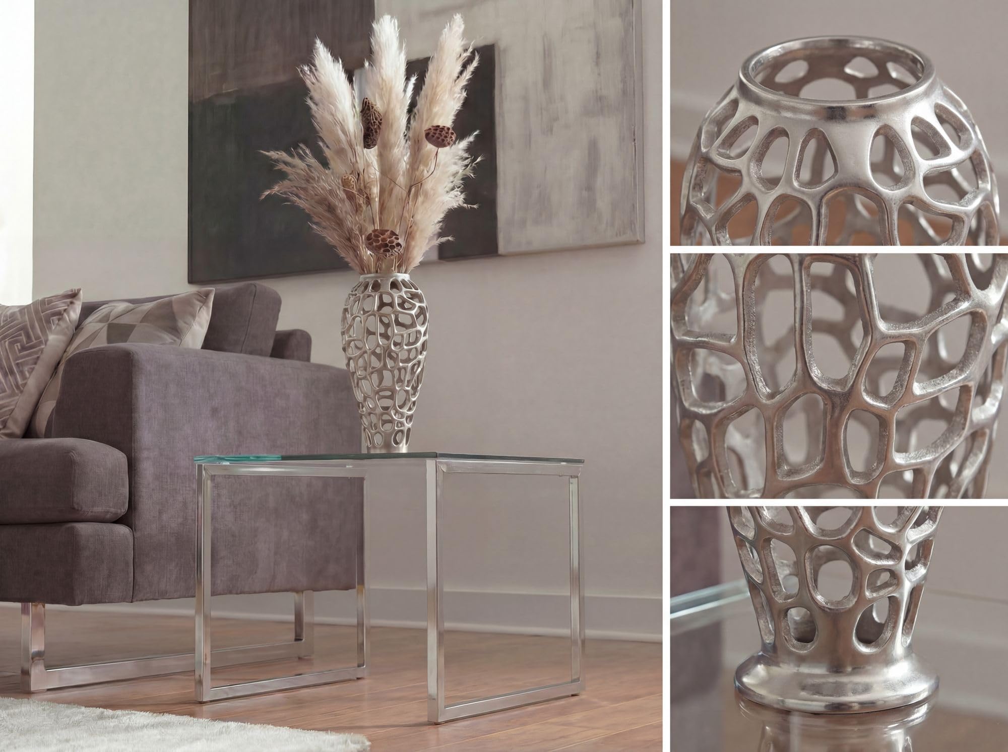 WOHNLING Bodenvase 19x19x45 cm Aluminium Silber, Standvase Skulptural | Blumenvase groß für Trockenblumen und Pampasgras, Dekovase Metall schlank, Vase XXL handgefertigt, jedes Stück ein Unikat