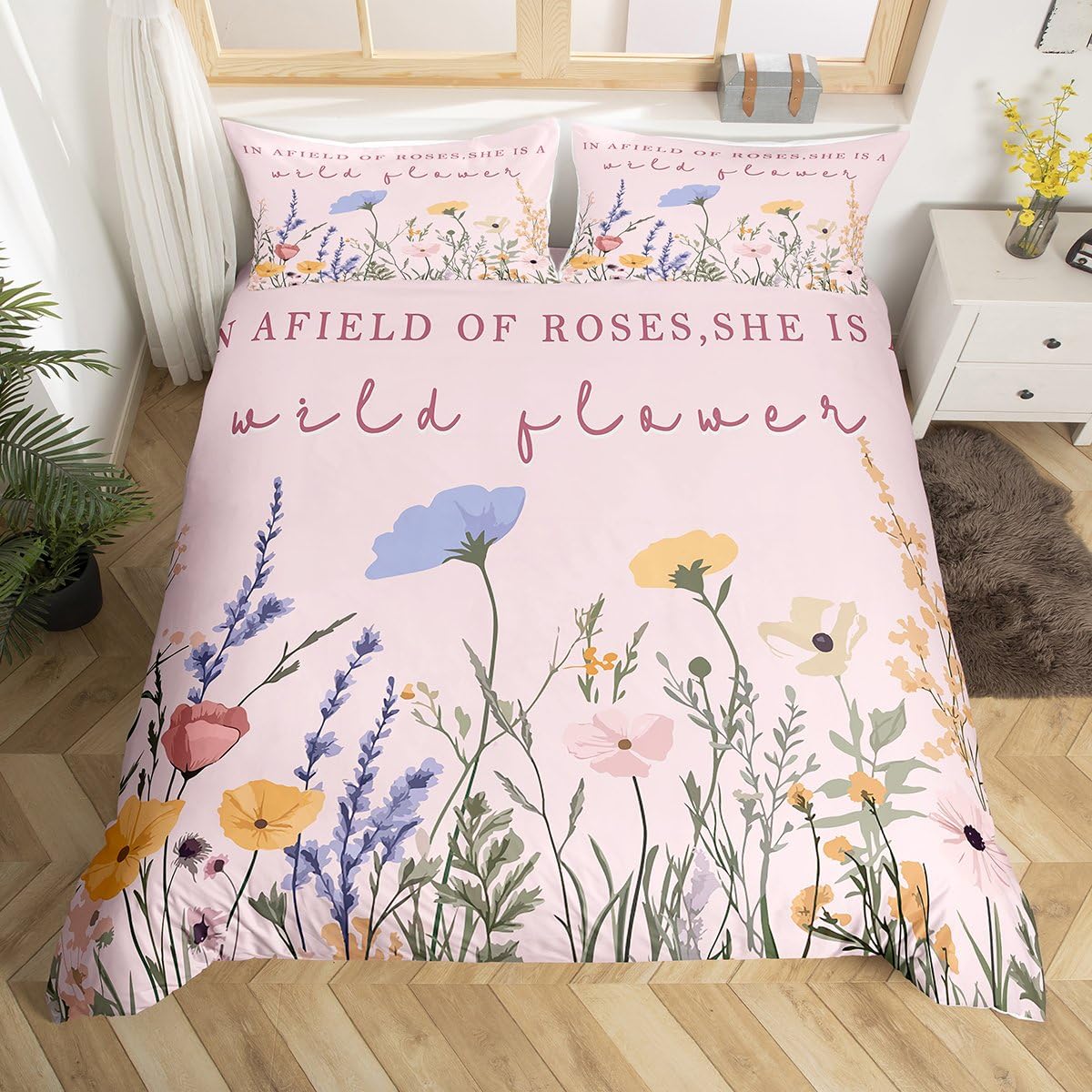 Homemissing Wildflower Nursery Duvet Cover Set Double Size For Kids Girls Botanical Floral Printed Bedding Set Natural Theme Duvet Cover with 2 Pillowcases Garden Plants Design Bedding — image 1