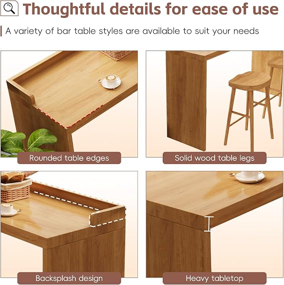 Narrow Solid Wood Bar Table, Rectangular Bar Height Table with Thick Solid Wood Top for Kitchen, Home Bar, Restaurant, Small Spaces