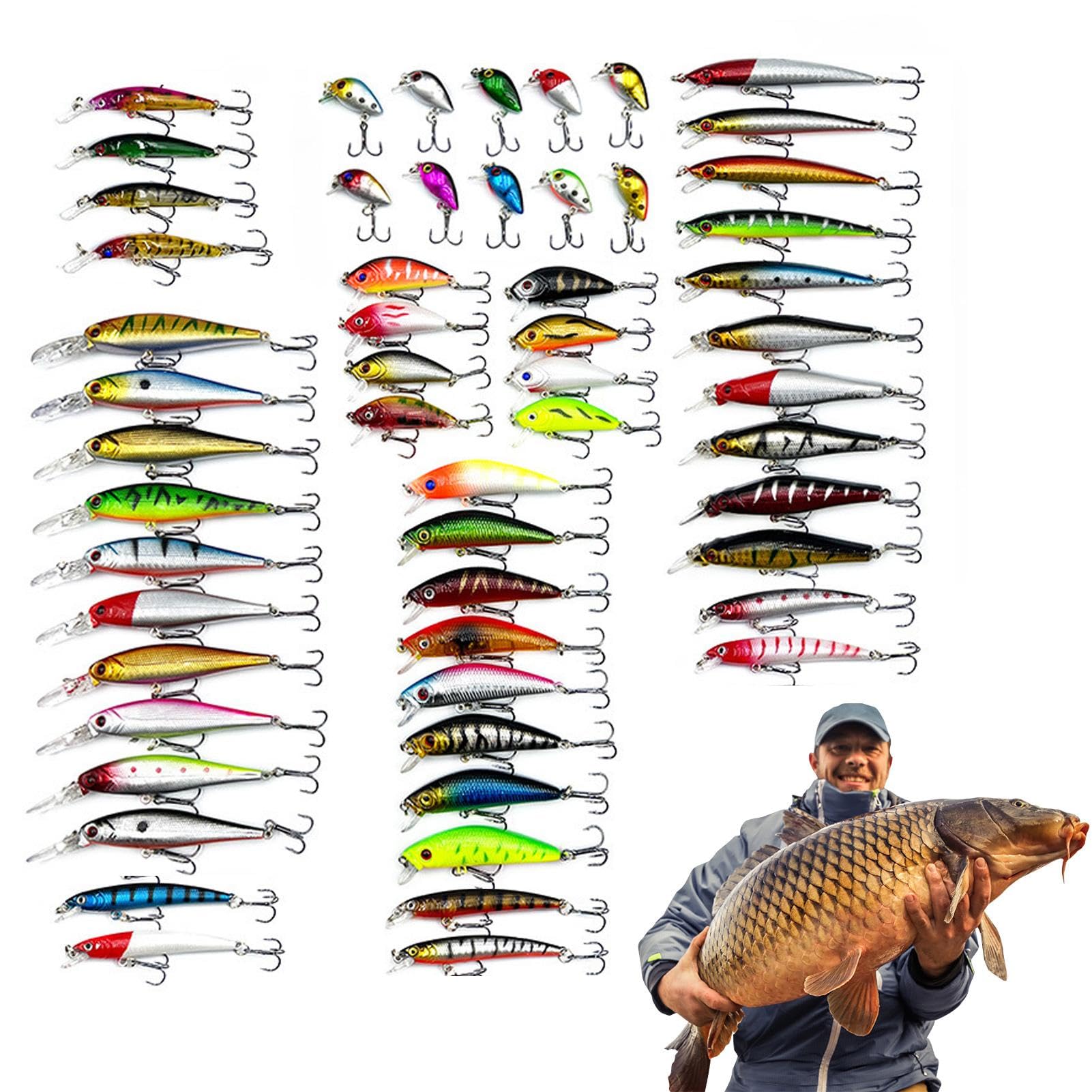 Kit di esche per basso, set di esche da pesca, Attrezzatura per esche da pesca con esche artificiali da 56 pezzi, Kit di esche da pesca per carpa, testa di serpente, acqua salata, acqua, spigola, luc