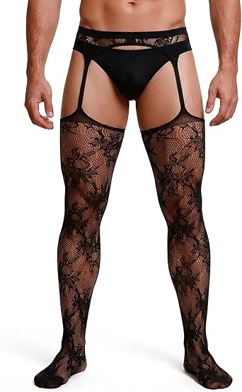 ohmydear Mens Floral Lace Thigh High Stockings Fishnet Tights Pantyhose | Premium Lace Texture, Skin Friendly Stretch, Stay Up Design, Flexible Movement, Ideal For Parties, Costume Looks