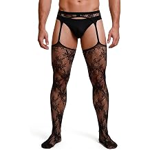 ohmydear Mens Lingerie Sexy Fishnet Pantyhose for Men Floral Thigh High Stockings Tights for Cross Dressing Parties XS-5XL