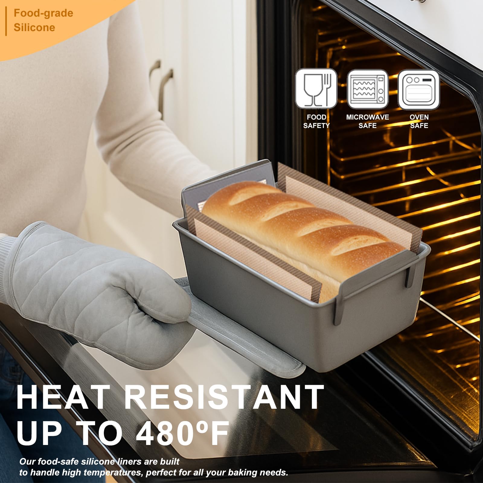 Silicone Bread Loaf Pan Liners, 2 Pack Reusable Nonstick Baking Loaf Pan Liners for 9.5 x 5 Inch Bread Pans, Food Grade Bread Baking Mats, Easy to Clean, Heat Resistant, Included Storage Band