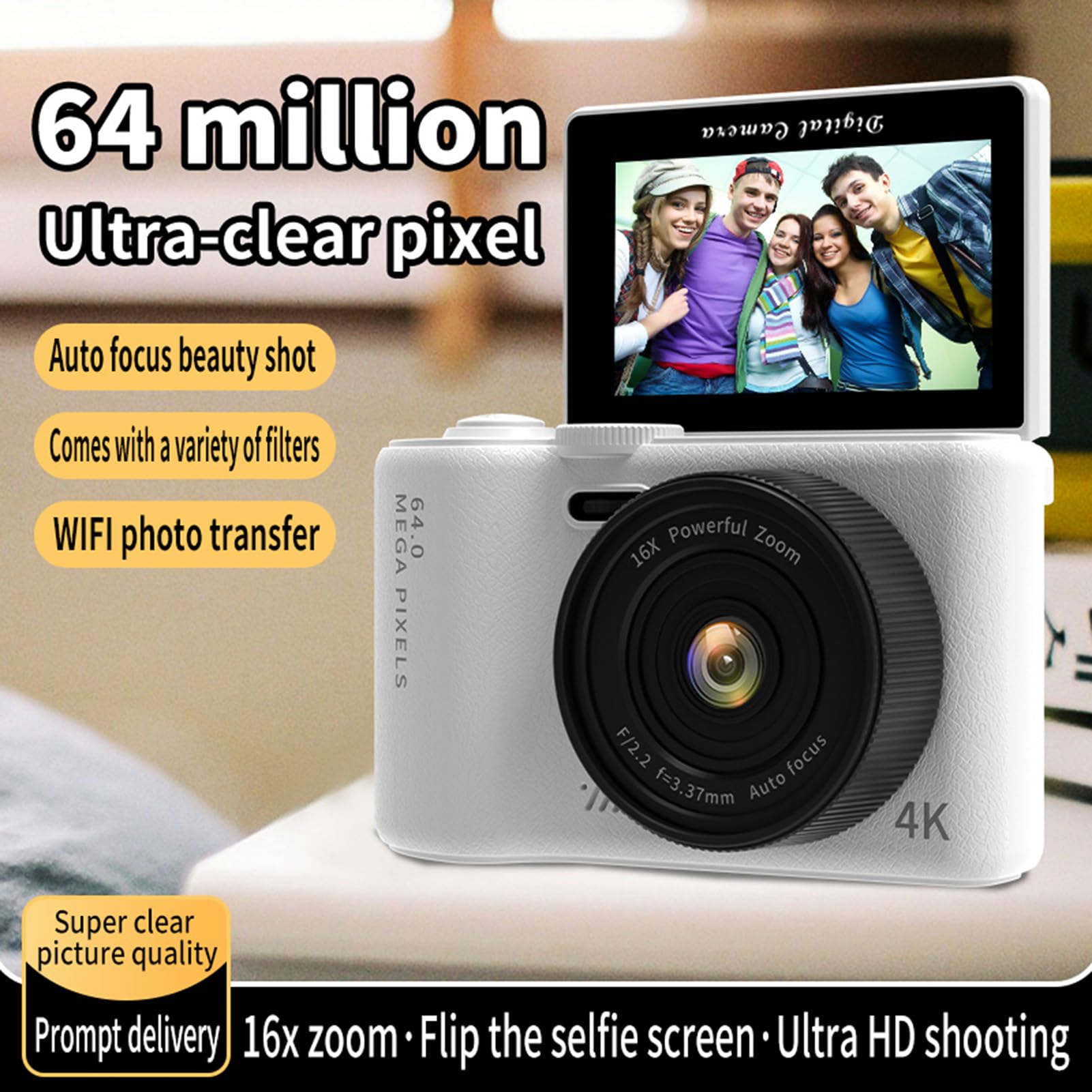 Andoer Cámara digital 4K plegable de 3 pulgadas, cámara WiFi de 64 MP, compacta portátil con zoom digital 16X, 32 GB TF, batería