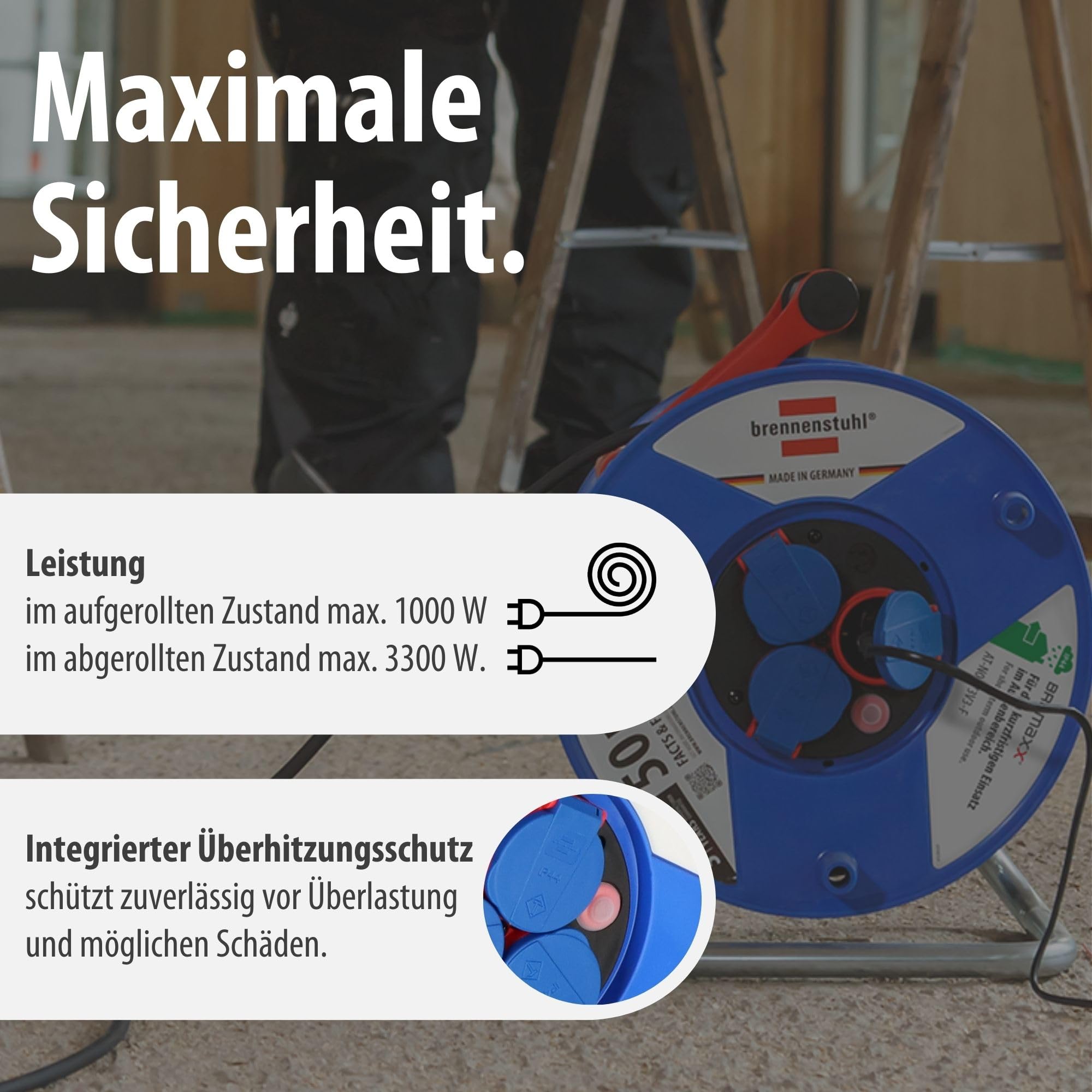 Brennenstuhl Garant IP44 Kabeltrommel (50m, Spezialkunststoff, kurzfristiger Einsatz im Außenbereich, Made in Germany) blau