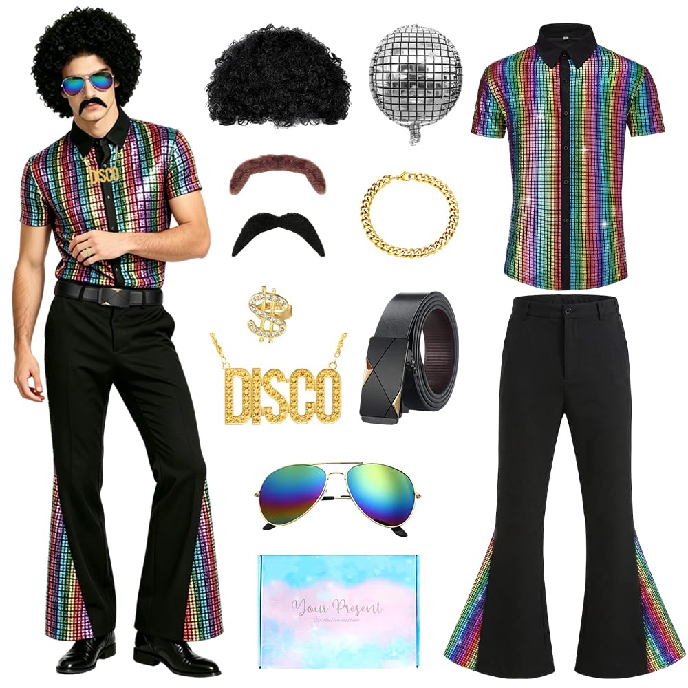 70er Jahre Outfit Herren, Disco Kostüm mit Perücke, Schnurrbart, Halskette, Faschingskostüme Herren, 70er Jahre Disco Kostüm für Karneval, Halloween, Cosplay und Party