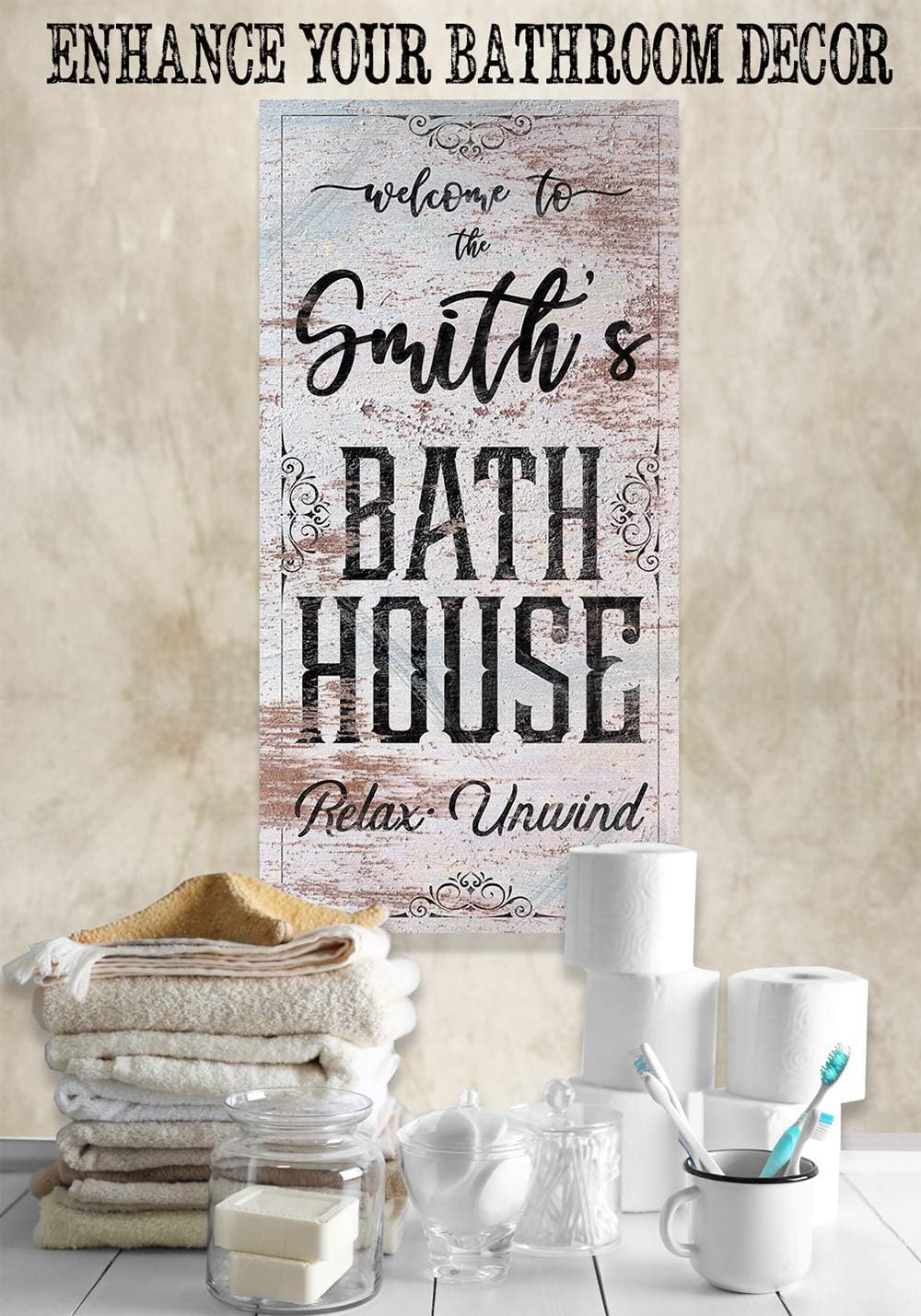 Personalized Bath House Print - Classic Farmhouse Bathroom Wall Decor, Customized Print with Family Name, Great Housewarming Gift, Rustic Metal Sign Style Stretched Vertical Canvas Print 12x24