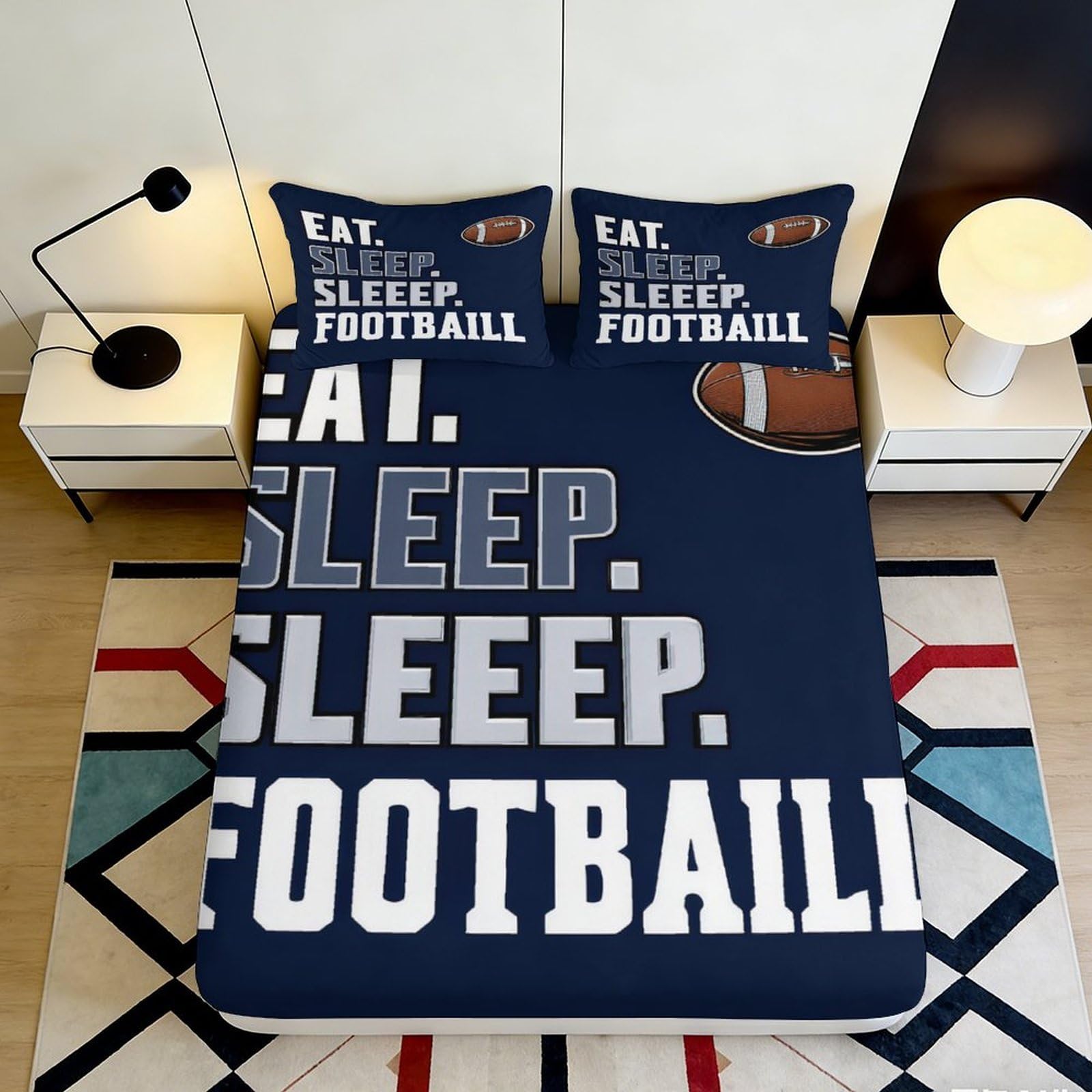 3D Printed Football Theme Fitted Sheet Microfiber Soft Durable Eat Sleep Football Bed Cover for Bedroom Dormitory Guest Room Mattress Protection 120x200x25cm
