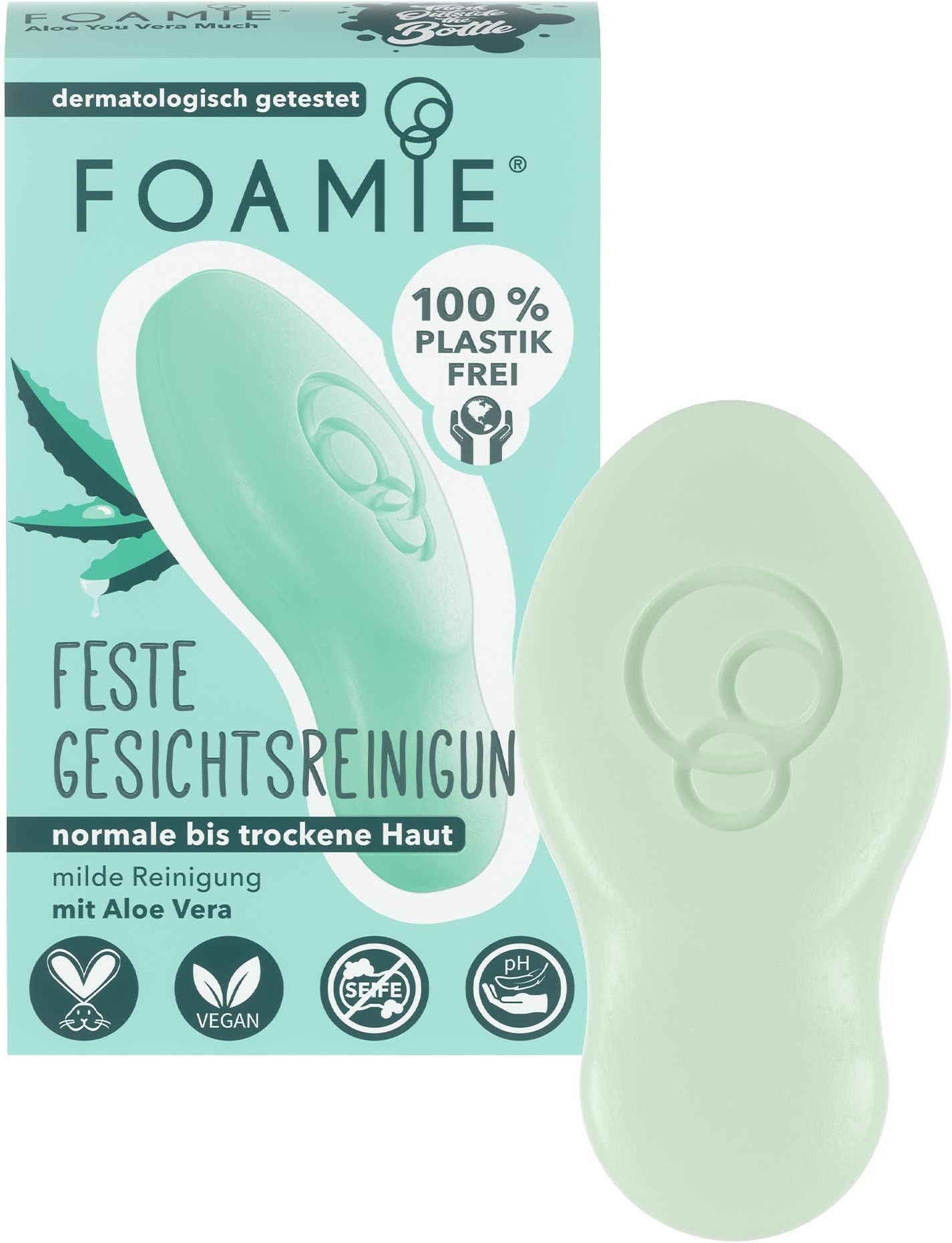 FoamieSolid Facial Cleansing for Dry Skin with Aloe Vera and Almond Milk, Exfoliating Effect, 100% Vegan, Plastic and Not d on Animals, 60 g