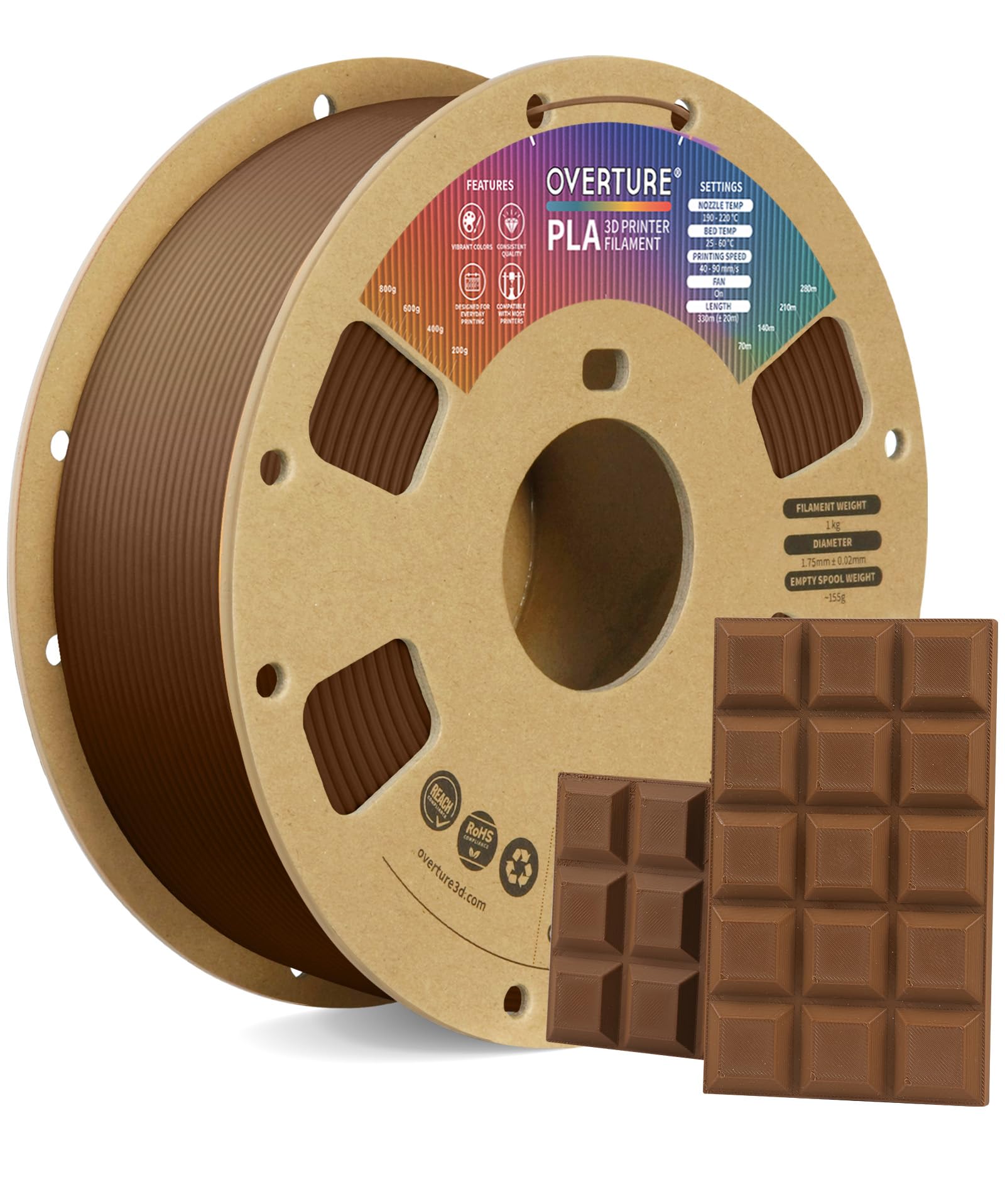 overture pla filament 1.75mm, neatly wound 3d printer filament 1kg spool (2.2lbs), dimensional accuracy +/- 0.02 mm, fit most fdm 3d printers (chocolate)
