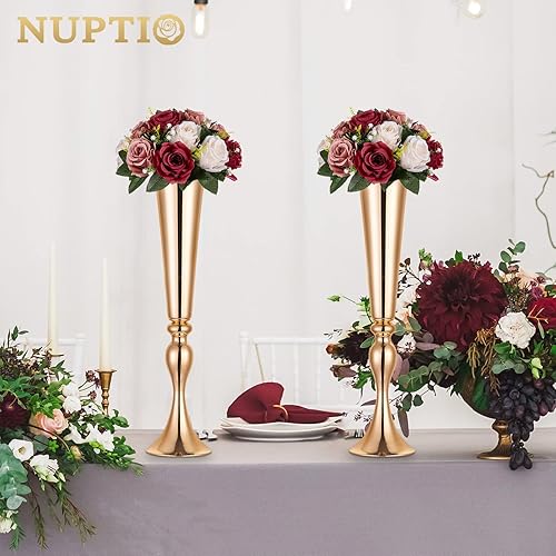 Miniatura 4 de NUPTIO Centros de mesa de flores artificiales para mesas, 10 unidades, color borgoña, rosa polvorienta y blanco cremoso, bolas de rosas falsas de