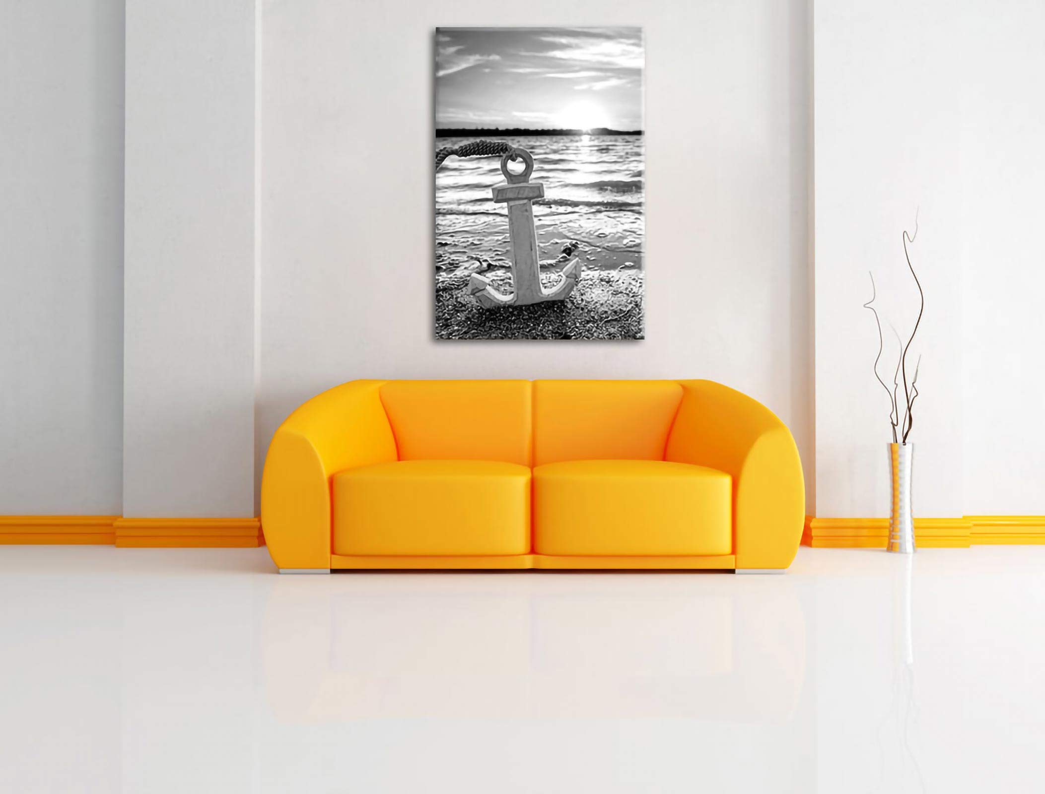 Pixxprint Anker am Ostseestrand im Sonnenuntergang, Monochrome, Größe: 120x80cm, Leinwandbild, fertig gespannt, Wandbild, Dekoration, Kunstdruck, kein Poster