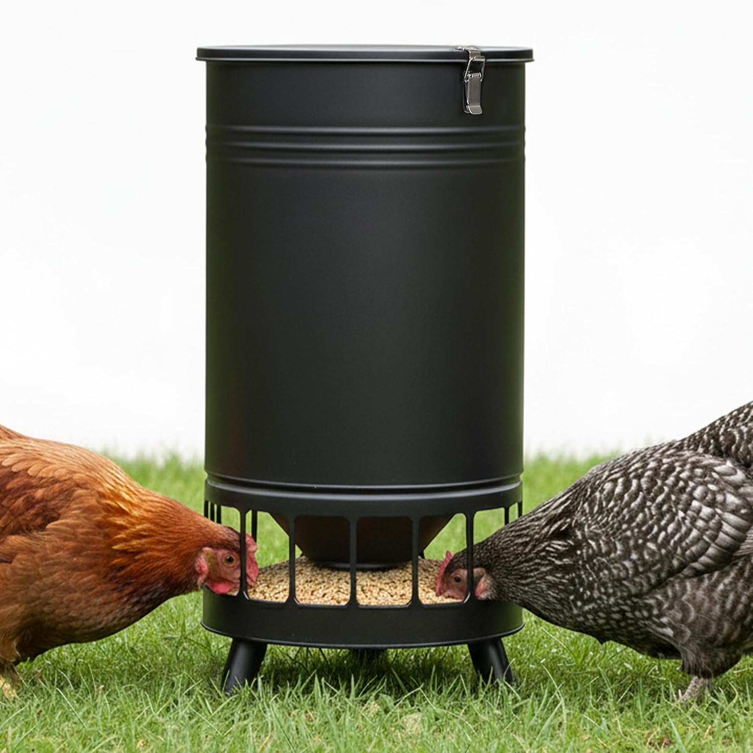 Solution4Patio 65LB No-Waste Automatic Chicken Feeder - 16-Port Gravity Poultry Dispenser, Rust-Proof Galvanized Metal for Hen Coops (Black)