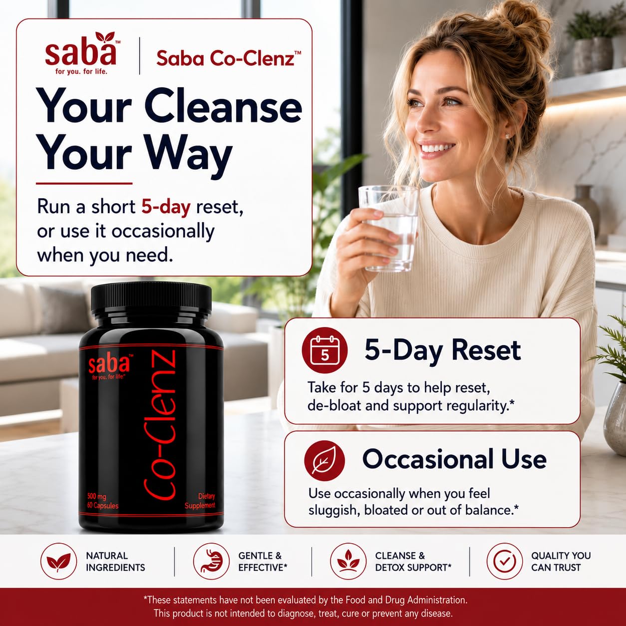 Saba Co-Clenz - 5 Day Cleanse for Men & Women-Supports Healthy Bowel Movements- Detox, Colon Health, Helps Constipation -30 Capsules, — Amazon image 4