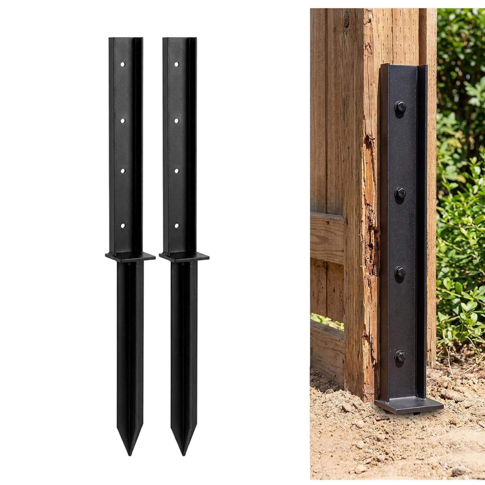 LQSYBHD Fence Post Repair Kit Fence Post Brackets Heavy Duty Fence Post Repair for Quick Fix Broken Leaning Wood Posts with One-Piece Steel Anchors Stakes (Size:2pcs)