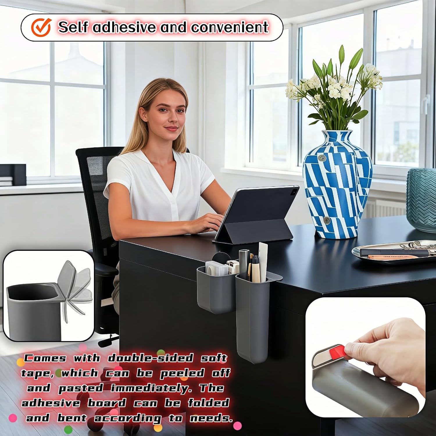 Sticky Desk Organizer, 3-Pack Monitor Side Storage with Adhesive - Multifunctional Desktop Pen Holder for Stationery, Jewelry, Remote Control - Space Saving Grey PP Material for Office & Home - Image 2