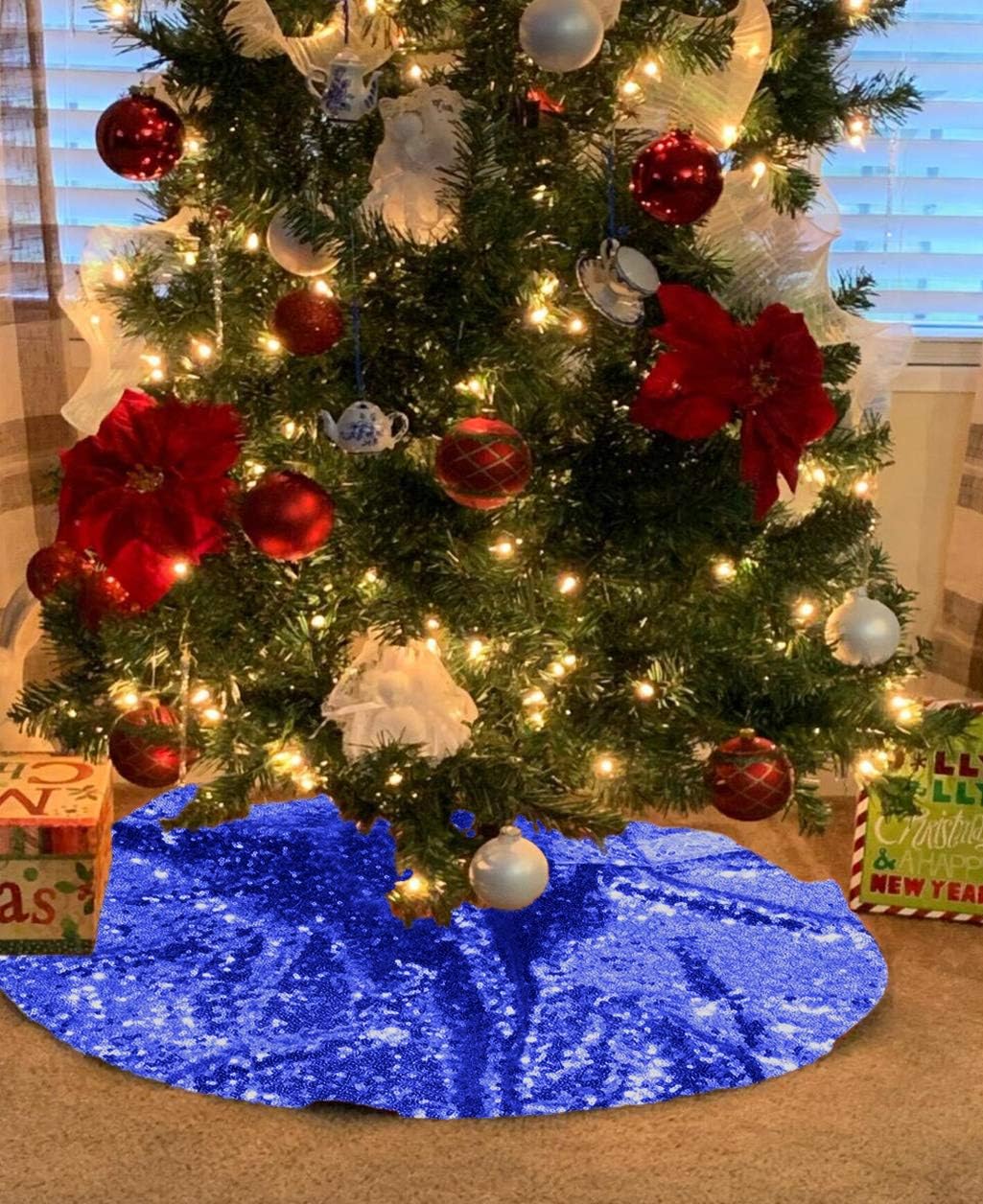 DUOBAO Sequin Tree 48 Skirt Inches Christmas Tree Skirt Blue Xmas Ornaments Rustic Xmas Holiday Decoration (48 Inch, Blue)