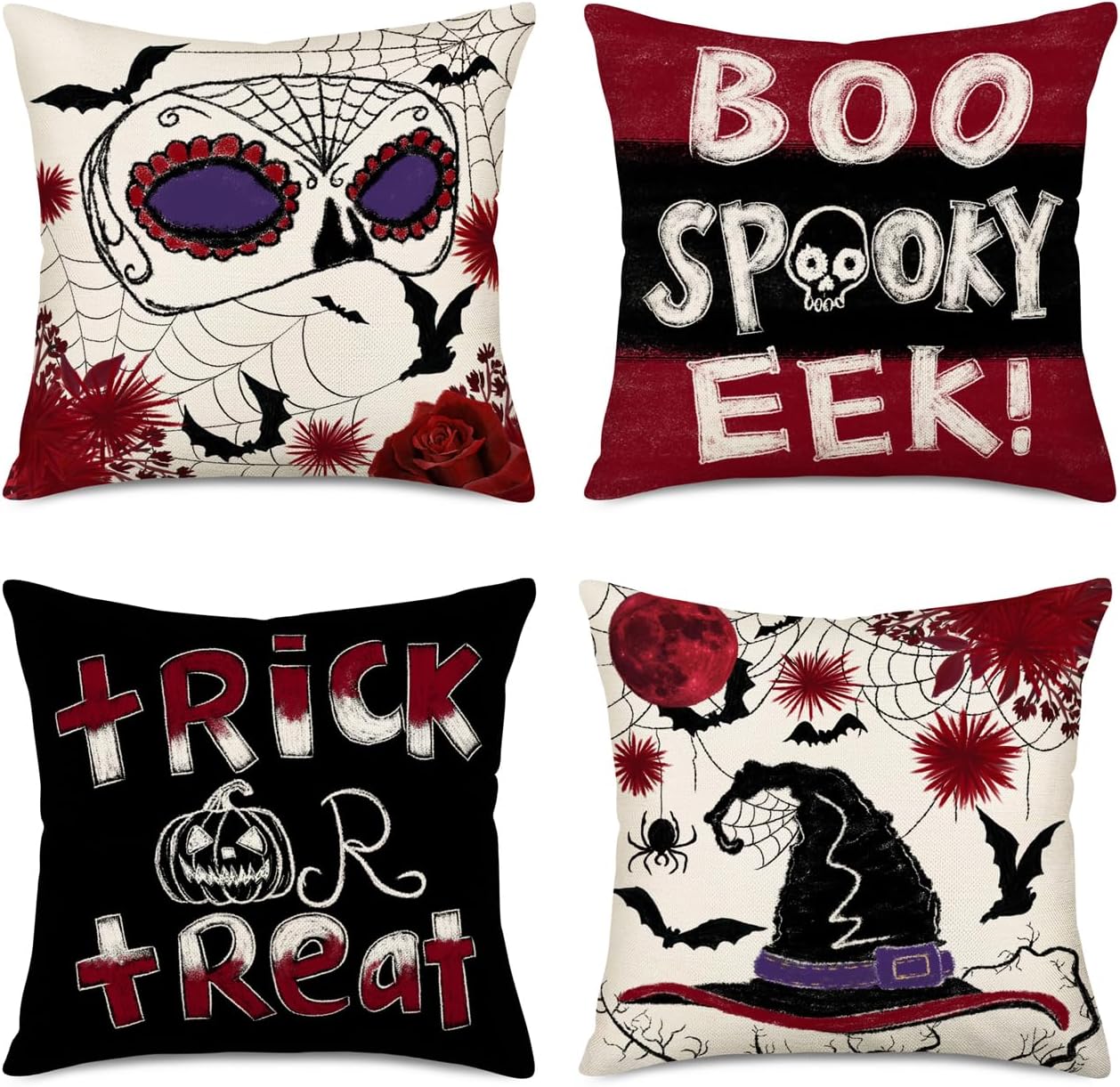 Fukeen Happy Halloween Grey Pillow Covers Set of 4 Scary Spooky Ghost Pumpkin Witch Hat October 31 Throw Pillow Case 20x20 Inch Fall Halloween Home Decor Cushion Cover for Sofa Couch Bedroom