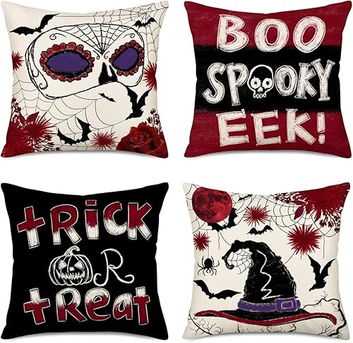 Fukeen Juego de 4 fundas de almohada de Halloween Boo Spooky Eek de 18 x 18 pulgadas, juego de 4 fundas de almohada rojas y negras de truco o trato,