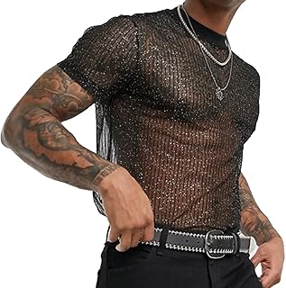 Evankin Mens Sexy Glitter Shirt Top See Through Lace Short Sleeve T-Shirt Sheer Mesh