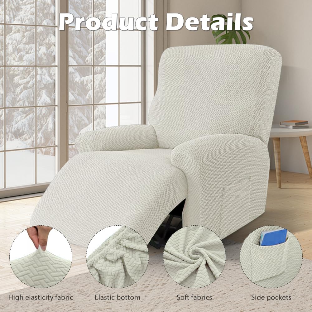 Set di 4 coprisedia per poltrona relax, copertura stretch completa, coprisedia lavabile con tasche, coprisedia per poltrona, fodera per divano, per poltrona relax (Beige)