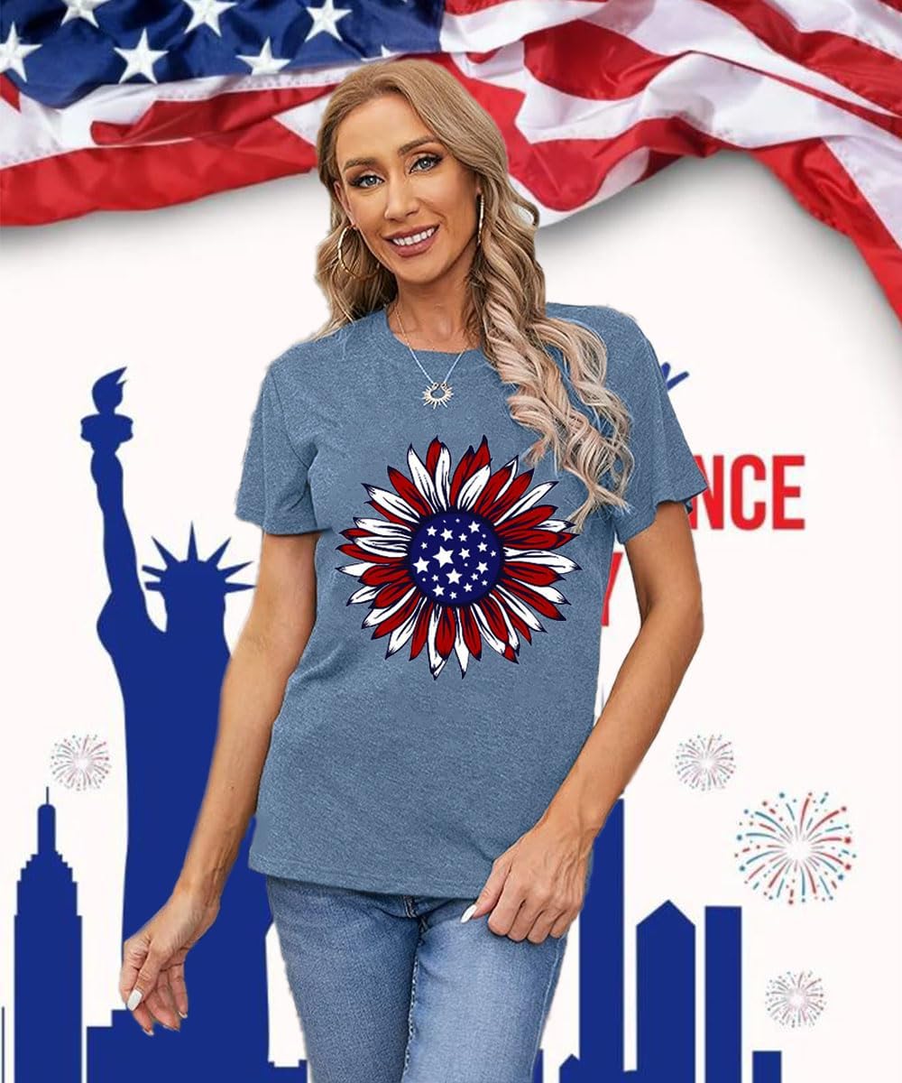 ZWSYXL American Flag Sunflower Shirts Women 4th of July Graphic Tees Patriotic T-Shirts USA Flag Star Stripe Tops - Image 3