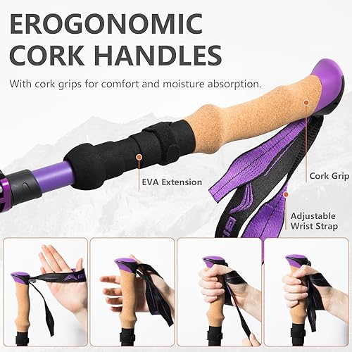 Miniatura 3 de BISINNA Bastones de senderismo de fibra de carbono plegables, bastones ligeros con mango de corcho, cierre rápido para mujeres y hombres, 2 unidades