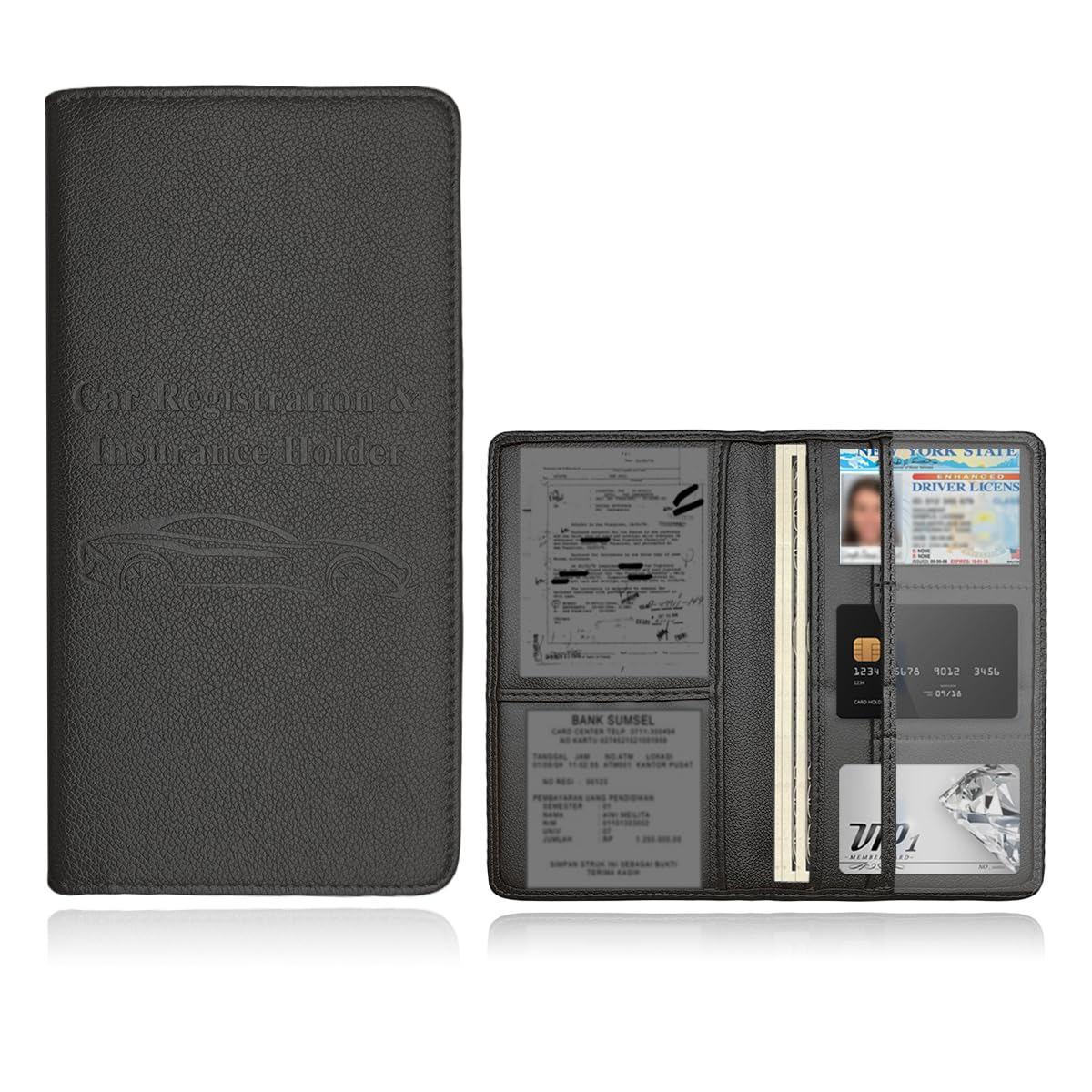 Car Registration and Insurance Holder, PU Leather Vehicle Glove Box Organizer with Magnetic Shut, Wallet Case for Insurance Card Driver License Document, Car Accessories (Black, Matte)