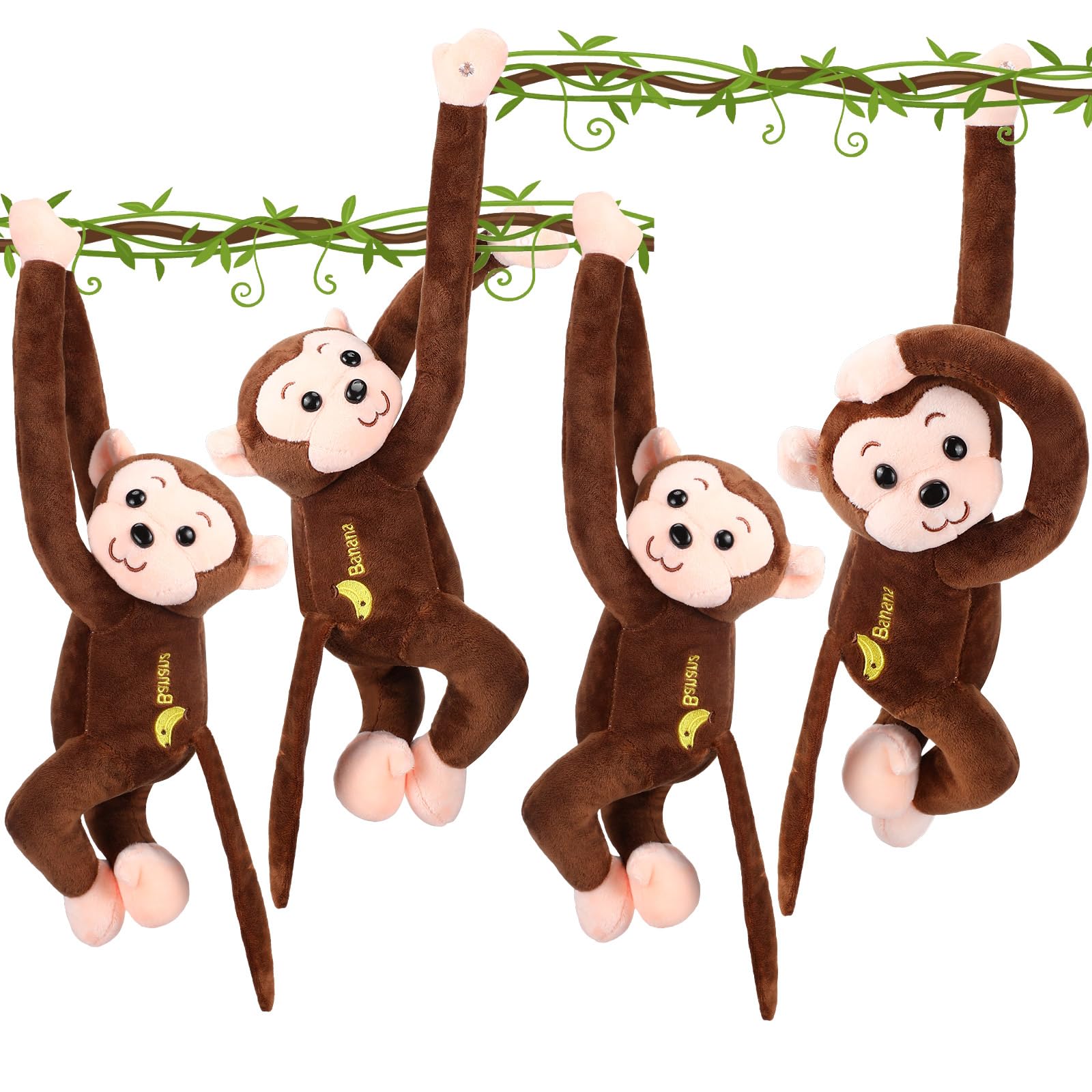 4-Pack 17.8" Hanging Stuffed Monkeys with Hook & Loop Fasteners - Plush Toy Gifts for Teens & Adults, Plush Stuffed Animal Toys Soft Monkey Doll Decoration (Brown)