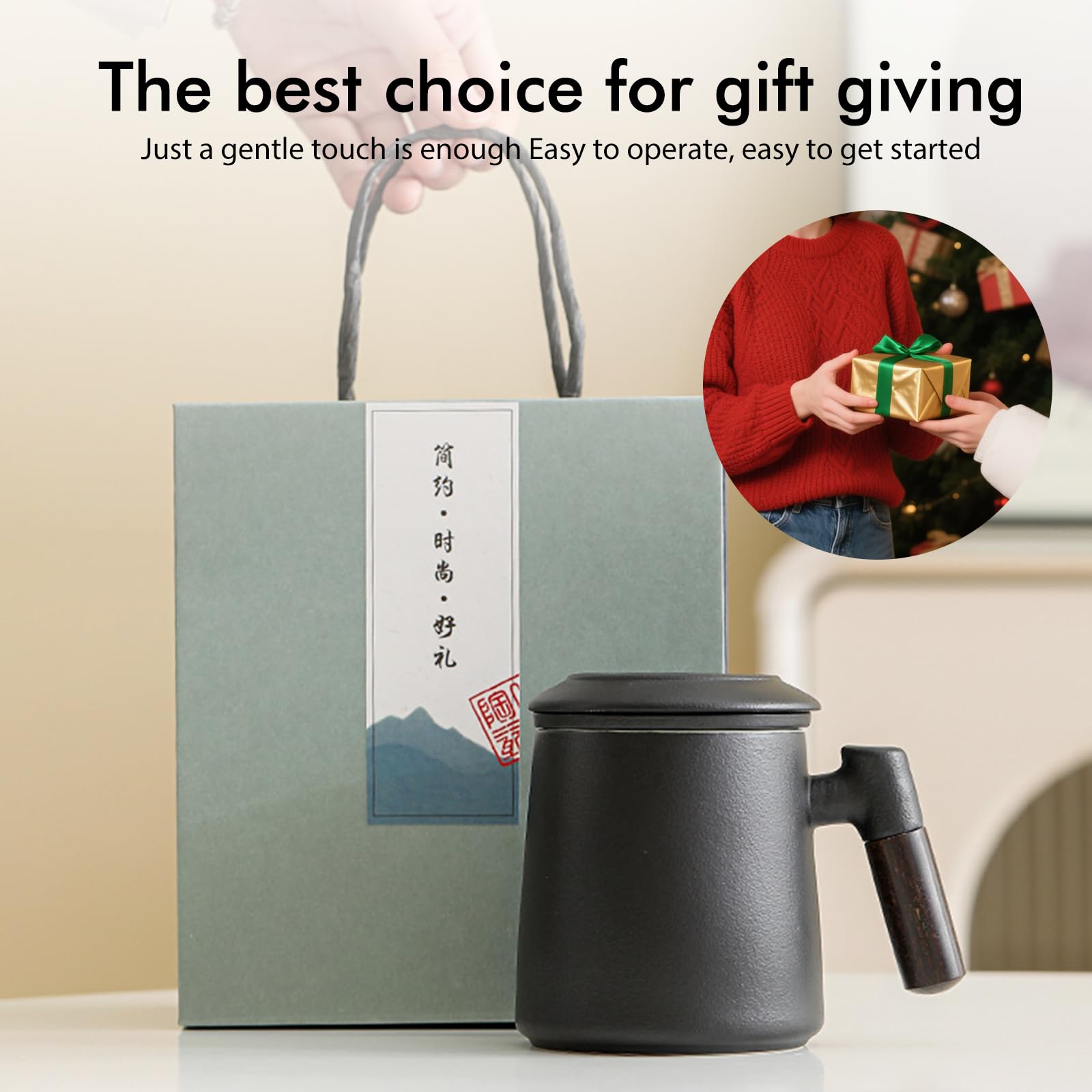 Teetasse mit Deckel und Sieb, 400 ml Holzgriff Teebecher, Matte Keramik Teetassen mit Teesieb und Deckel, Teetasse mit Teesieb für Teeliebhaber, Handgesprühte Schwarze Glasur für Tee Geschenke