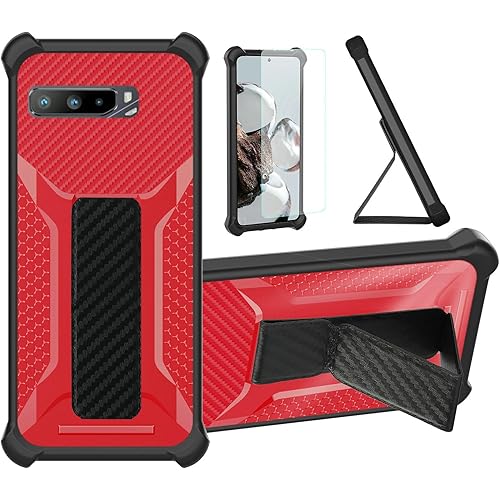 Aroepurt Case for Asus Rog Phone 3 Phone Case Stand Cover [with Tempered Glass Screen Protector] Hybrid Case [Folding Support Magnetic] [Frosted Anti-Fingerprint] Red