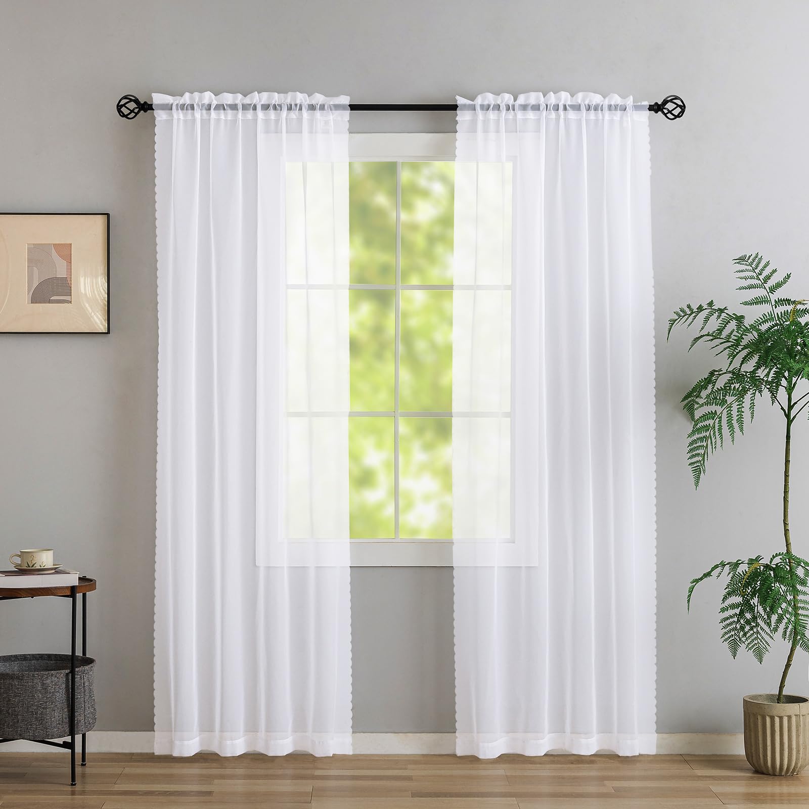MYSTIC-HOME White Sheer Curtains 96 Inch Length, Elegant Sheer Curtains for Bedroom, Rod Pocket Window Voile Sheer Curtain Panels/Drapes/Treatment for