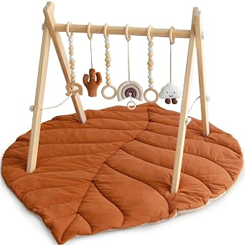 Wooden Baby Play Gym, Leaf Shaped Mat Baby Foldable Gym with 6 Hanging Toys | Baby Activity Mat with 6 Sensory Toys Foldable Baby Gym Newborn Infant Baby Use, Brown, Easy & Quick Assembly and Folding