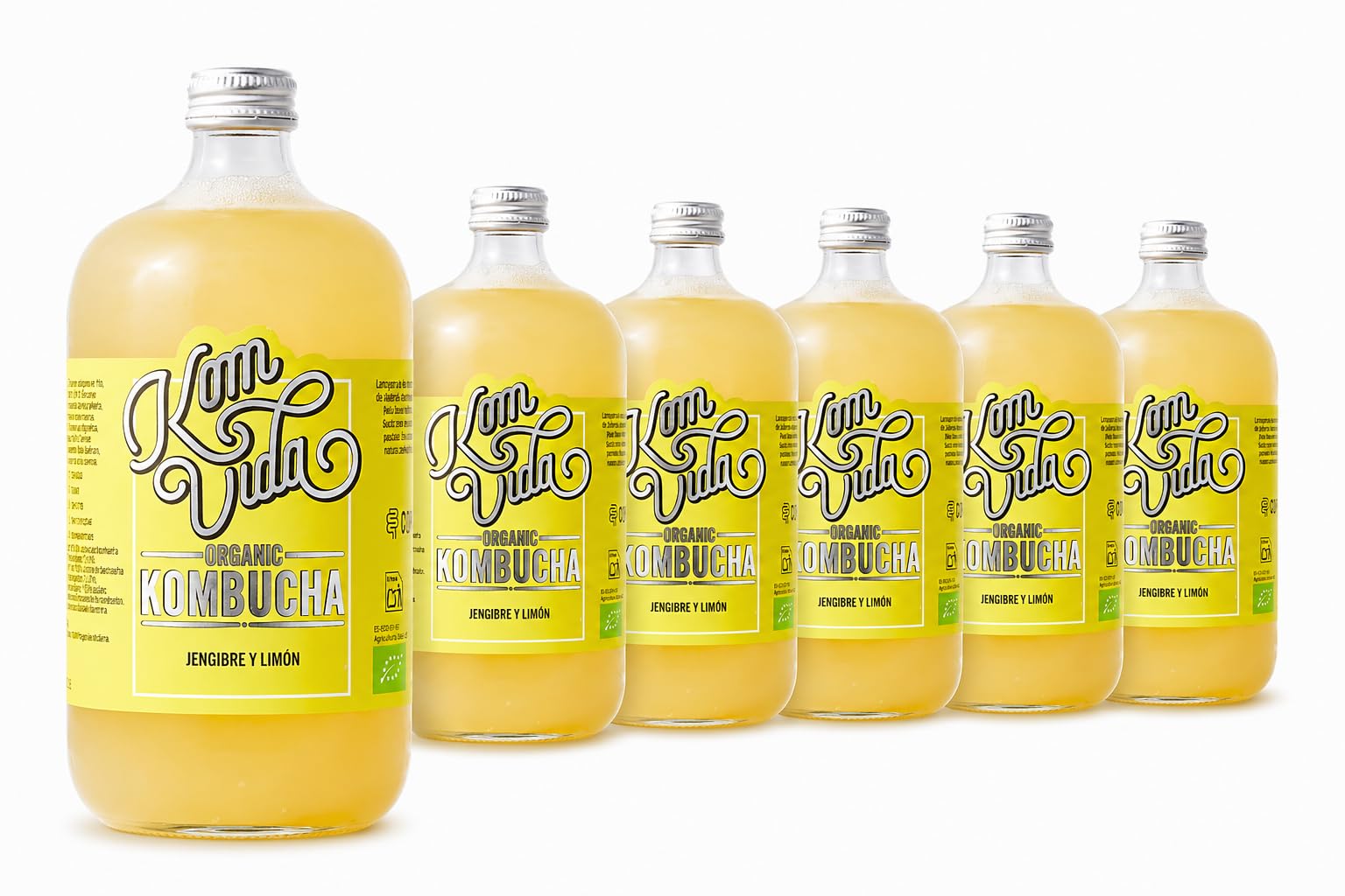 Komvida Kombucha Pack 6x750ml - Bebida Ecológica de Té fermentado, Probióticos Naturales, Sin Azúcares Añadidos - Sabor Limón con jengibre