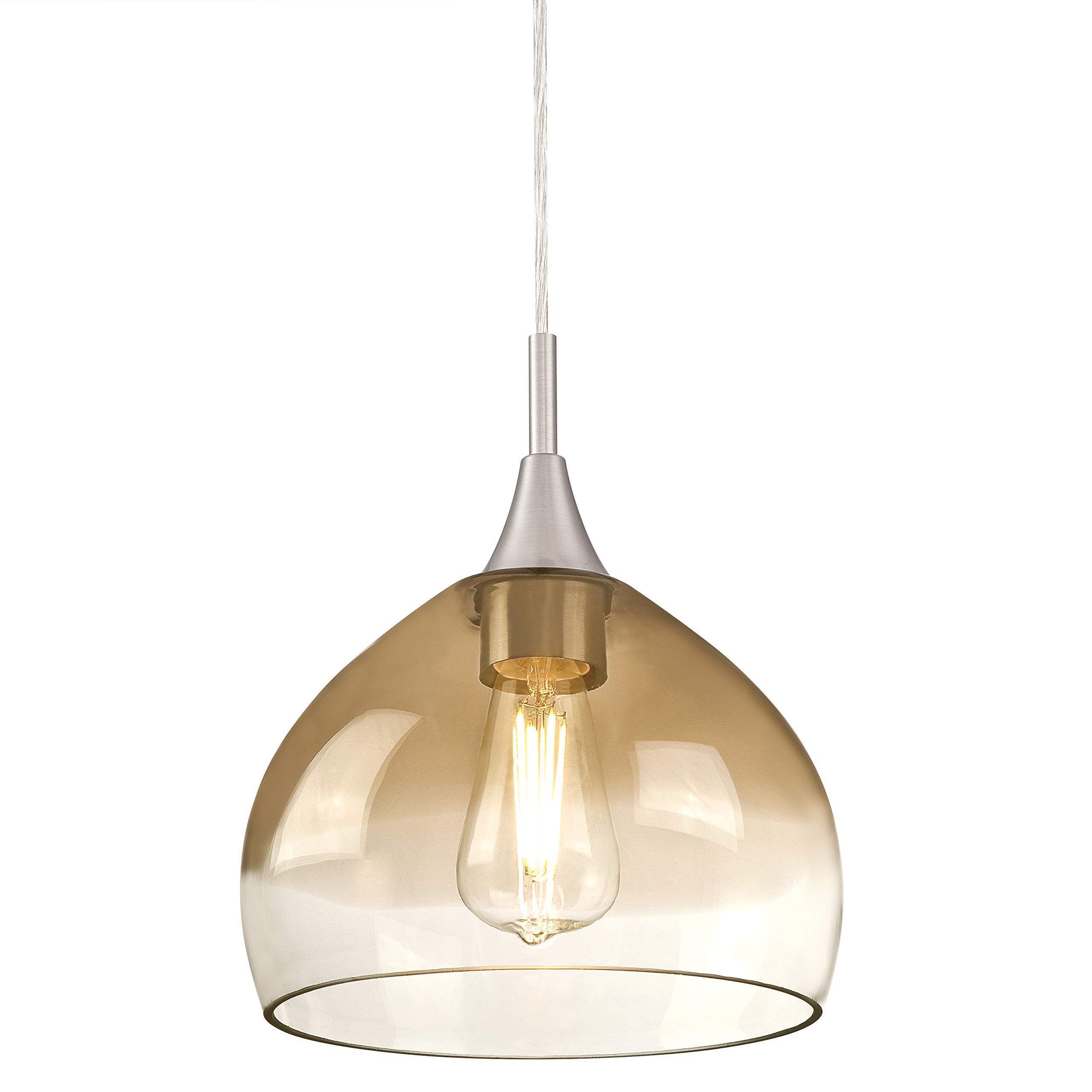 Westinghouse iluminación 63669 Lámpara colgante para interiores de un solo brazo, acabado en níquel cepillado con vidrio transparente y ámbar