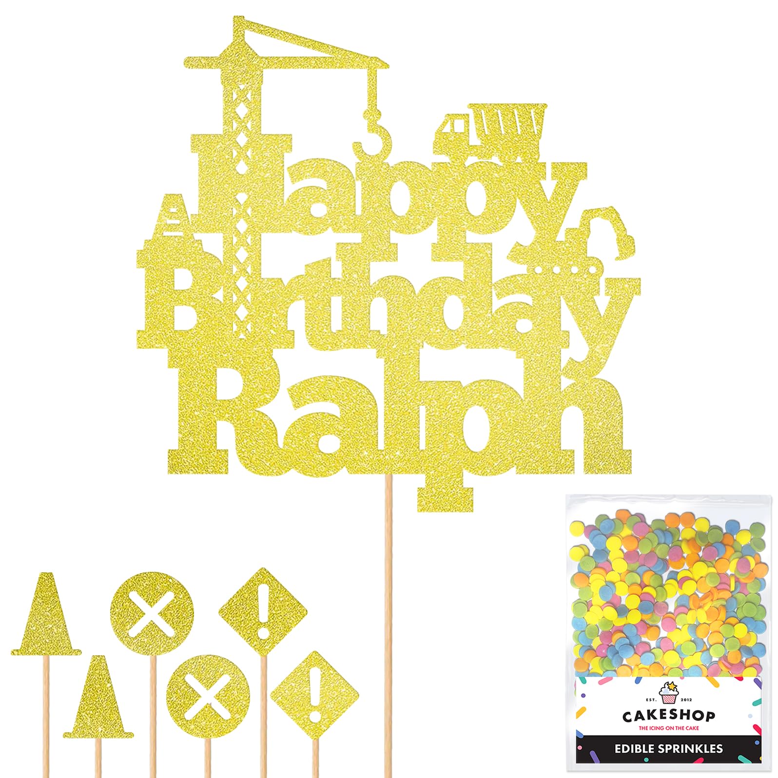 Personalised Construction Site Glitter Cake Topper Champagne Any Custom Age & Name Glitter Cake Decoration and Sprinkles - Happy Birthday Decorations - Personalised Toppers for Cakes by Cakeshop — image 1