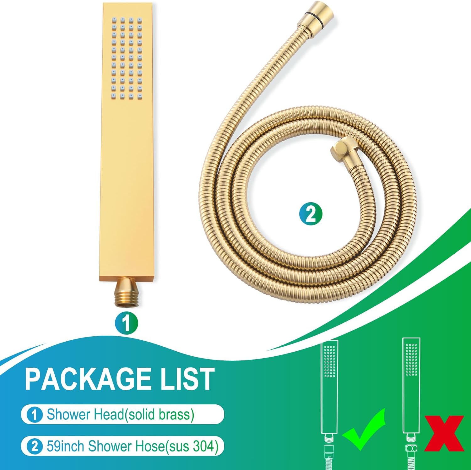 Enga Square Brass Hand Held Shower Head with Hose, Full Body Coverage Powerful Handheld Showerhead Replacement (Without Holder), Brushed Gold