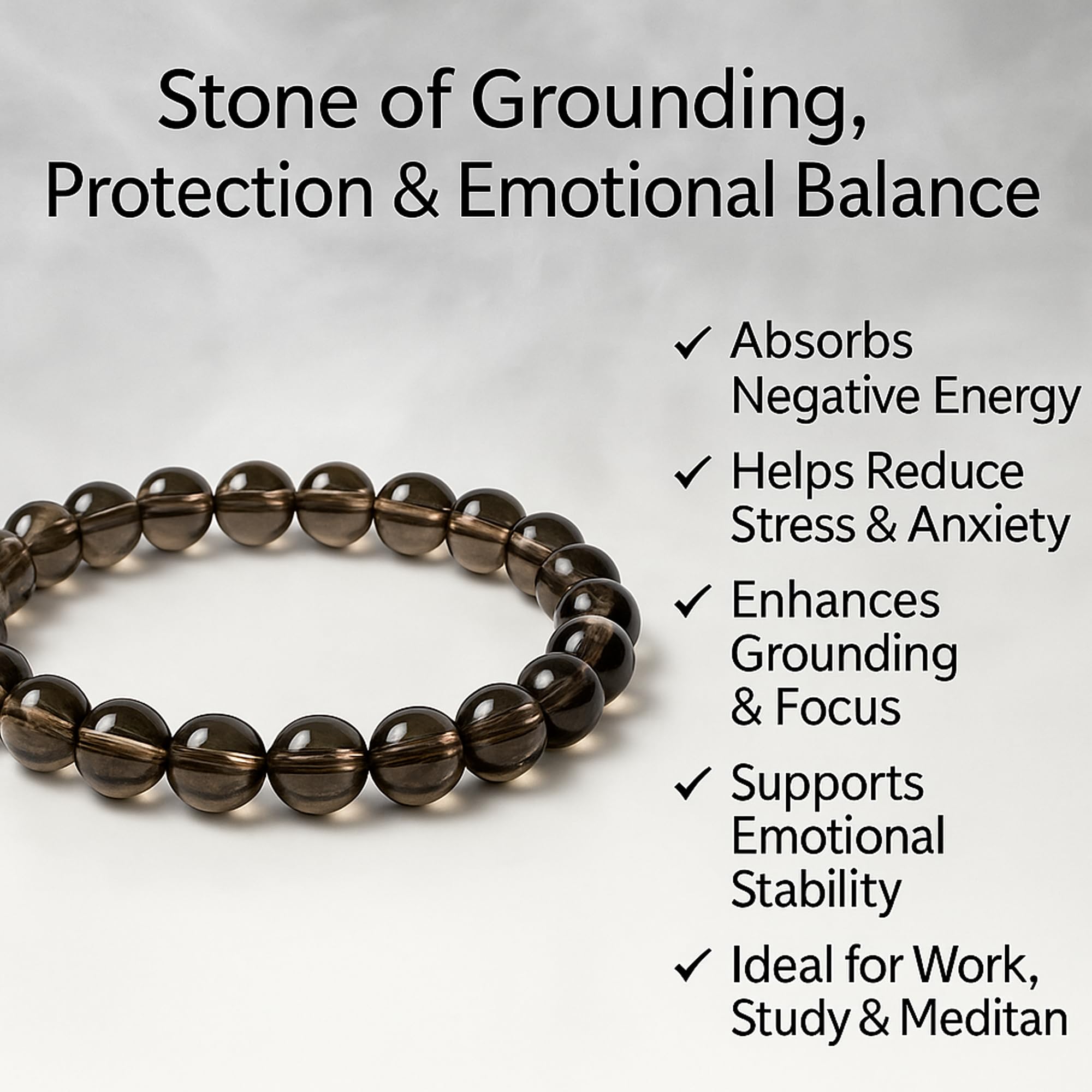 Serein Smoky Quartz Healing Crystal Bracelet | Natural Gemstone 8mm Beaded Bracelet for Men & Women | Protection, Grounding, Stress Relief & Positive Energy for Harmony, Meditation & Spiritual Growth 1