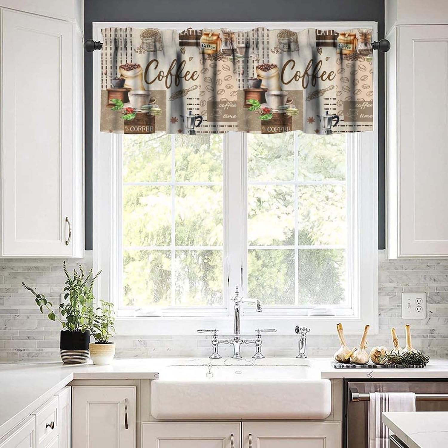 Coffee Kitchen Valance Retro Country Brown Coffee Farmhouse Leisure Time Cappuccino Cook Window Treatment for Living Room Bedroom Dining Room 54x18In