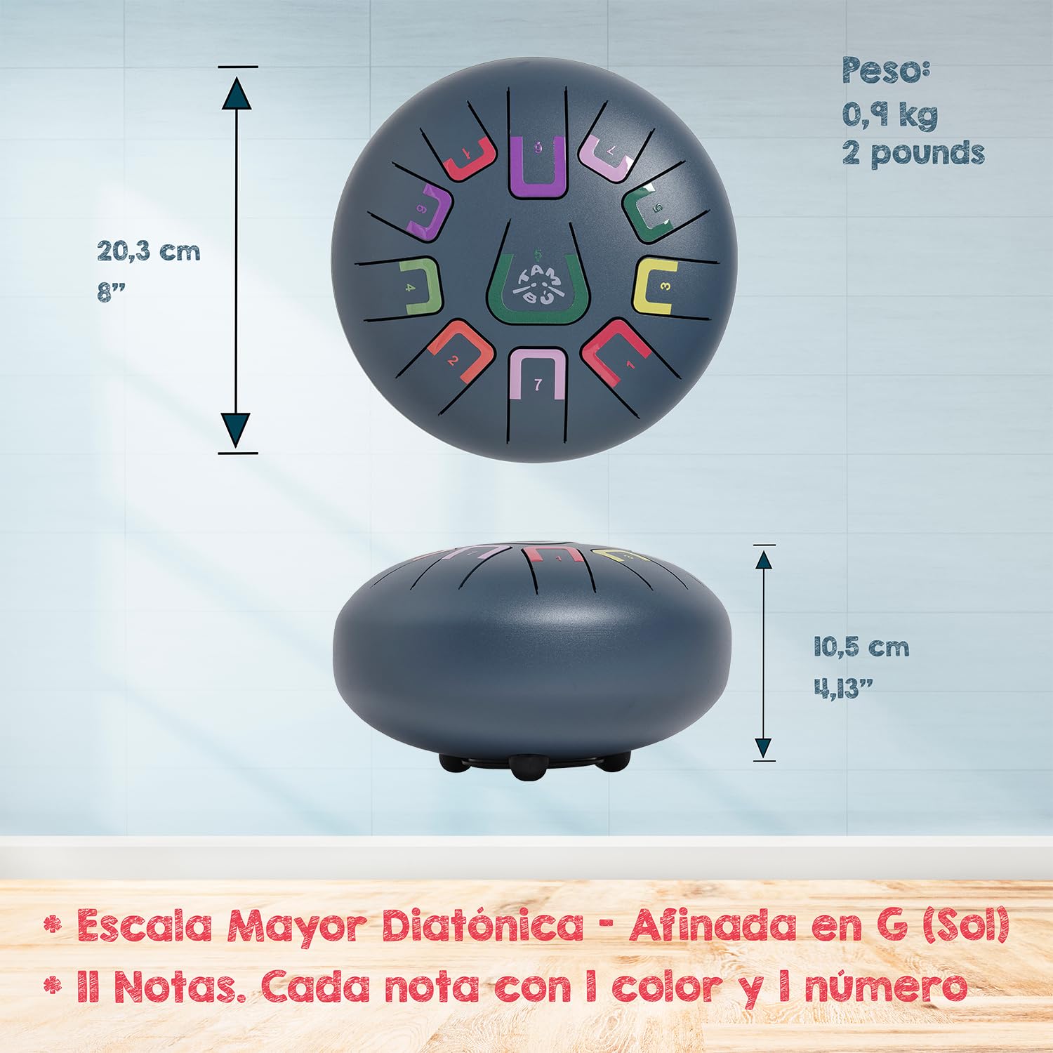 TAMBÚ. Tambor de Lengua de Acero. 8 pulgadas (20 cm). Tambor Metálico de Lengüetas 11 notas. Handpan drum, Instrumento de percusión metálico (Blue Grey)